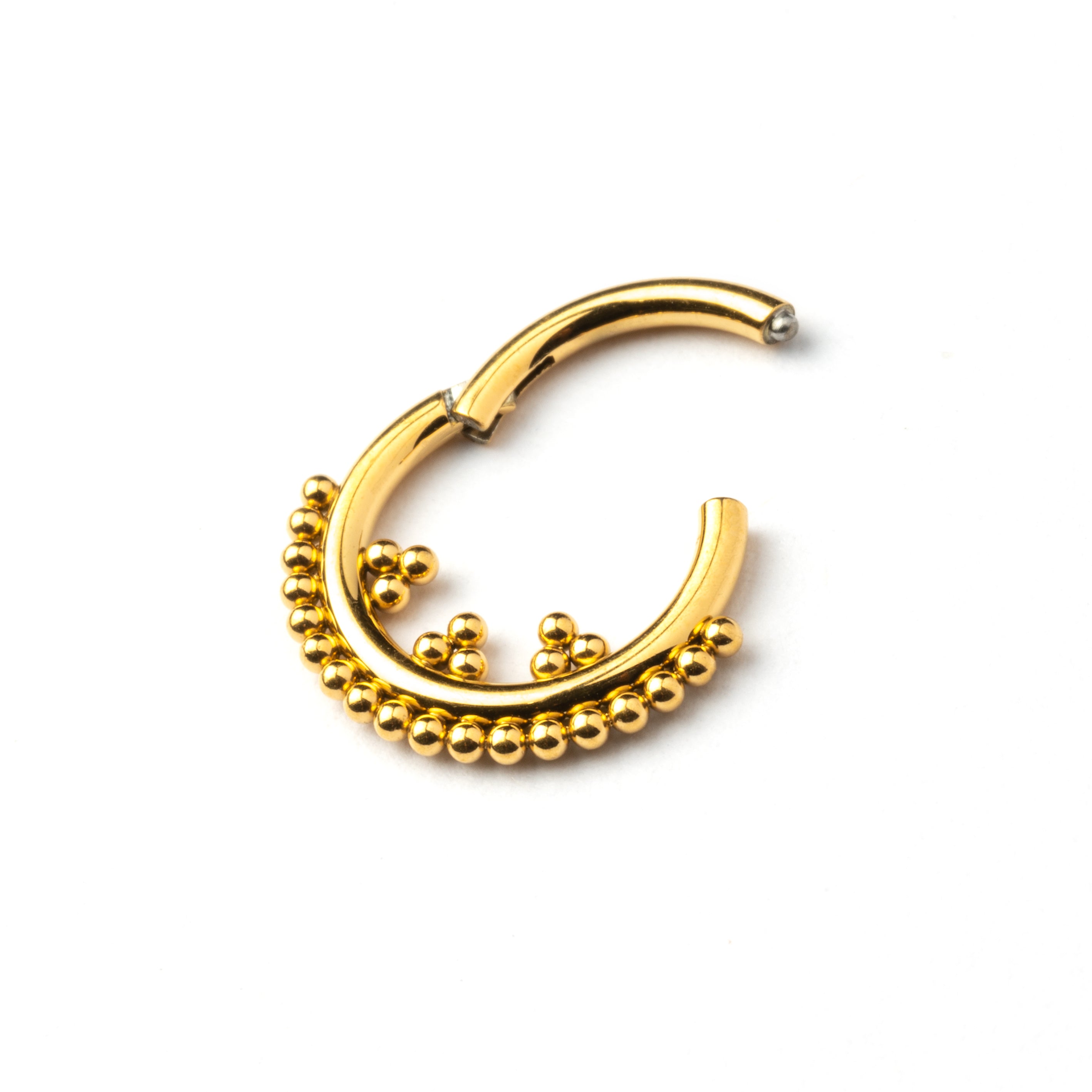 Gold Orbit surgical steel septum clicker with dots ornaments closure view