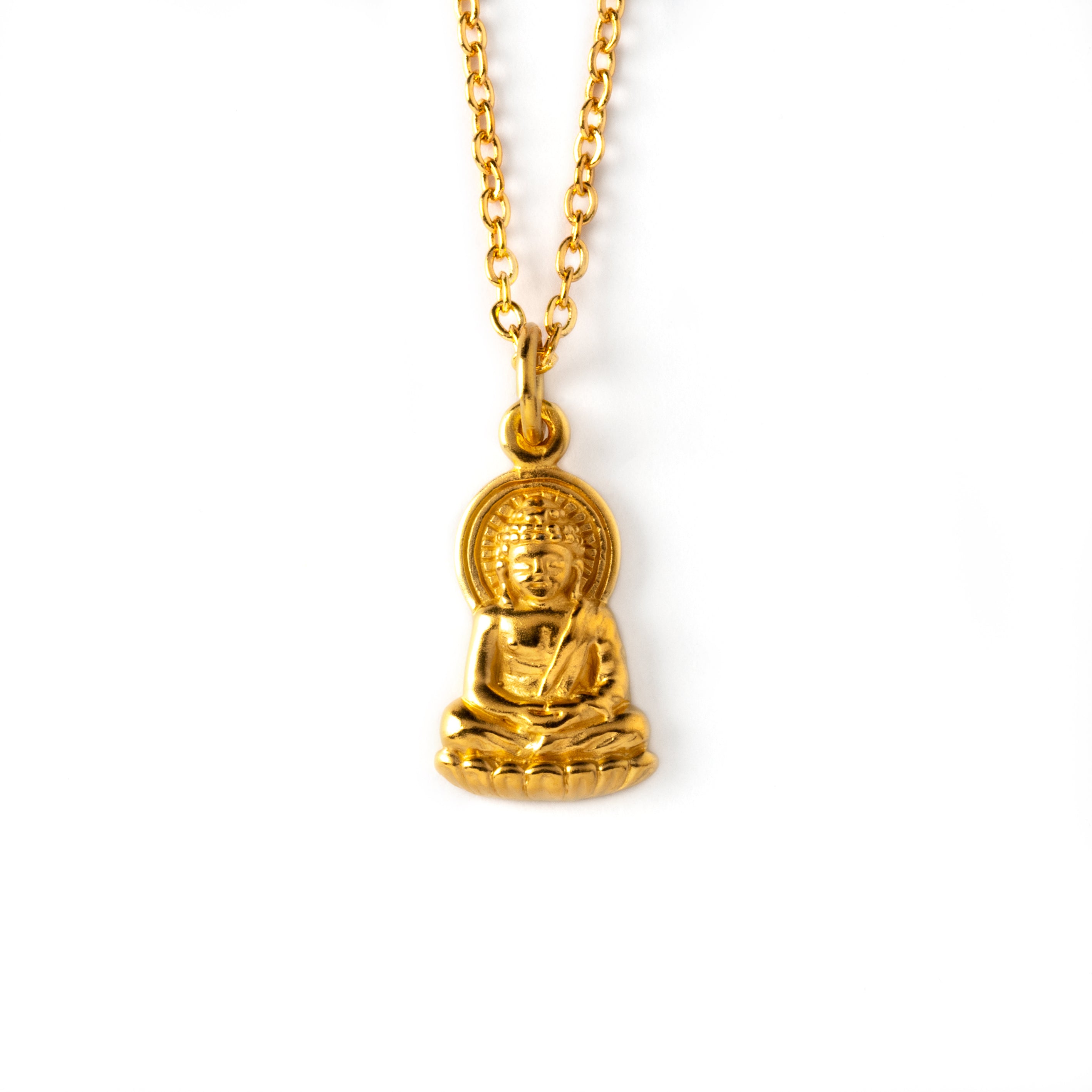 24k gold plated sitting buddha charm necklace on a gold chain frontal view