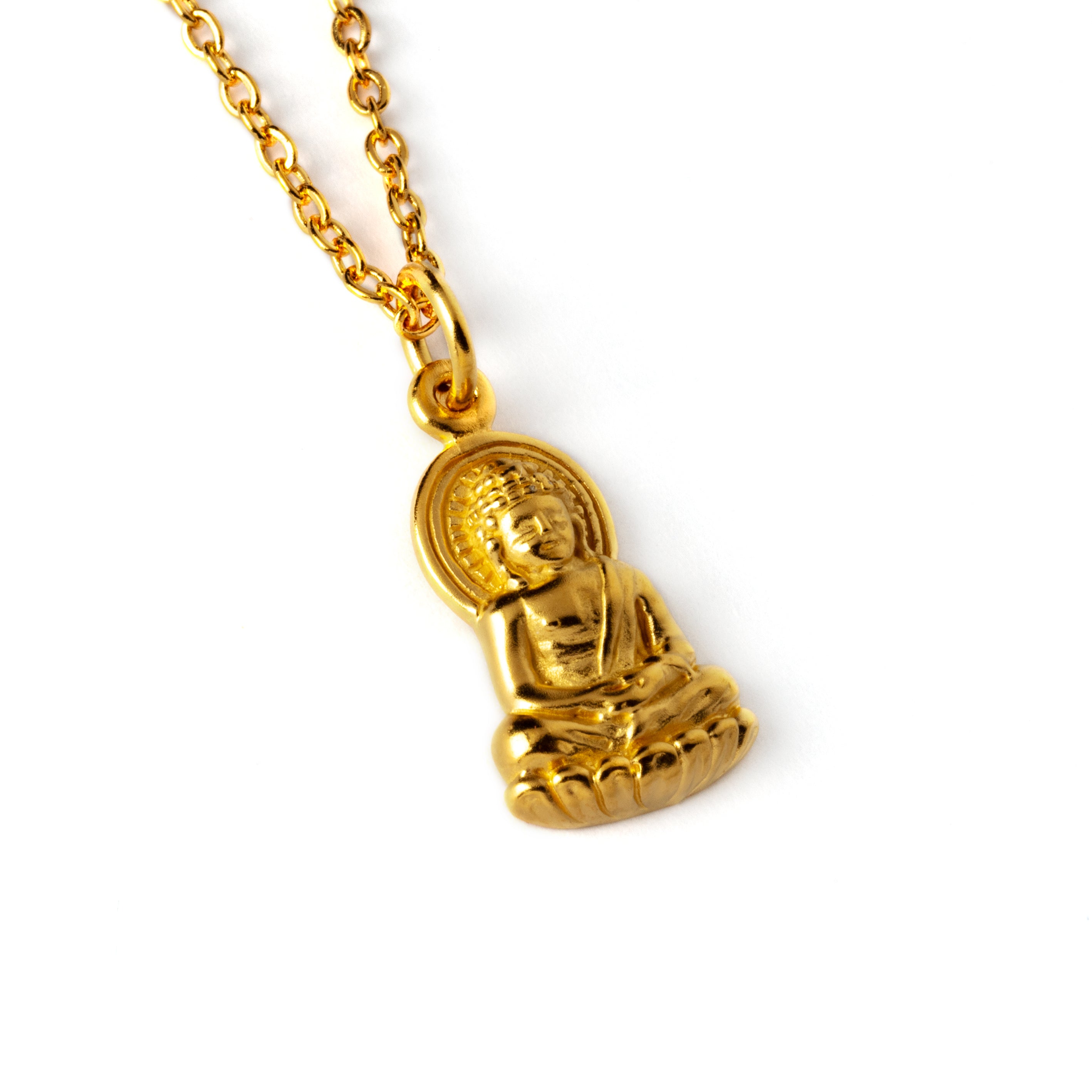 24k gold plated sitting buddha charm necklace on a gold chain side view