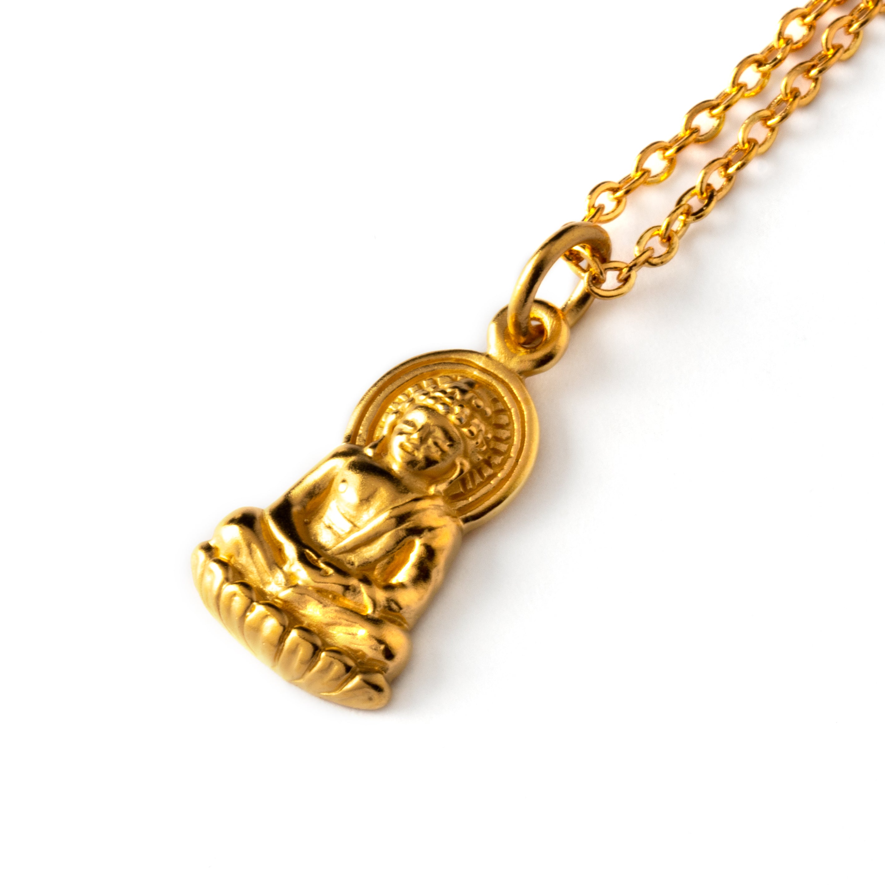 24k gold plated sitting buddha charm necklace on a gold chain side view