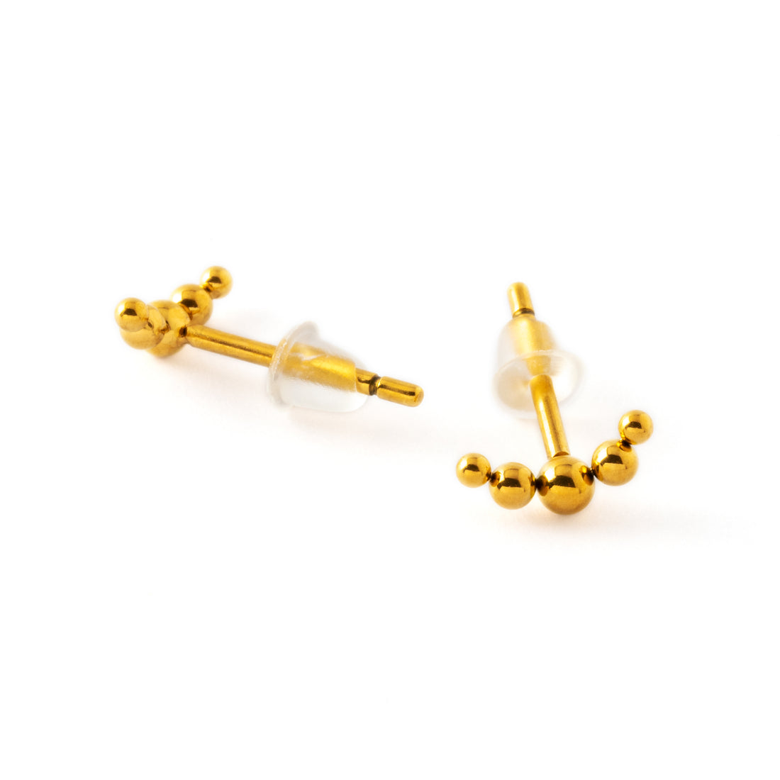 pair of Golden surgical steel spheres crescent shaped ear studs front and back view