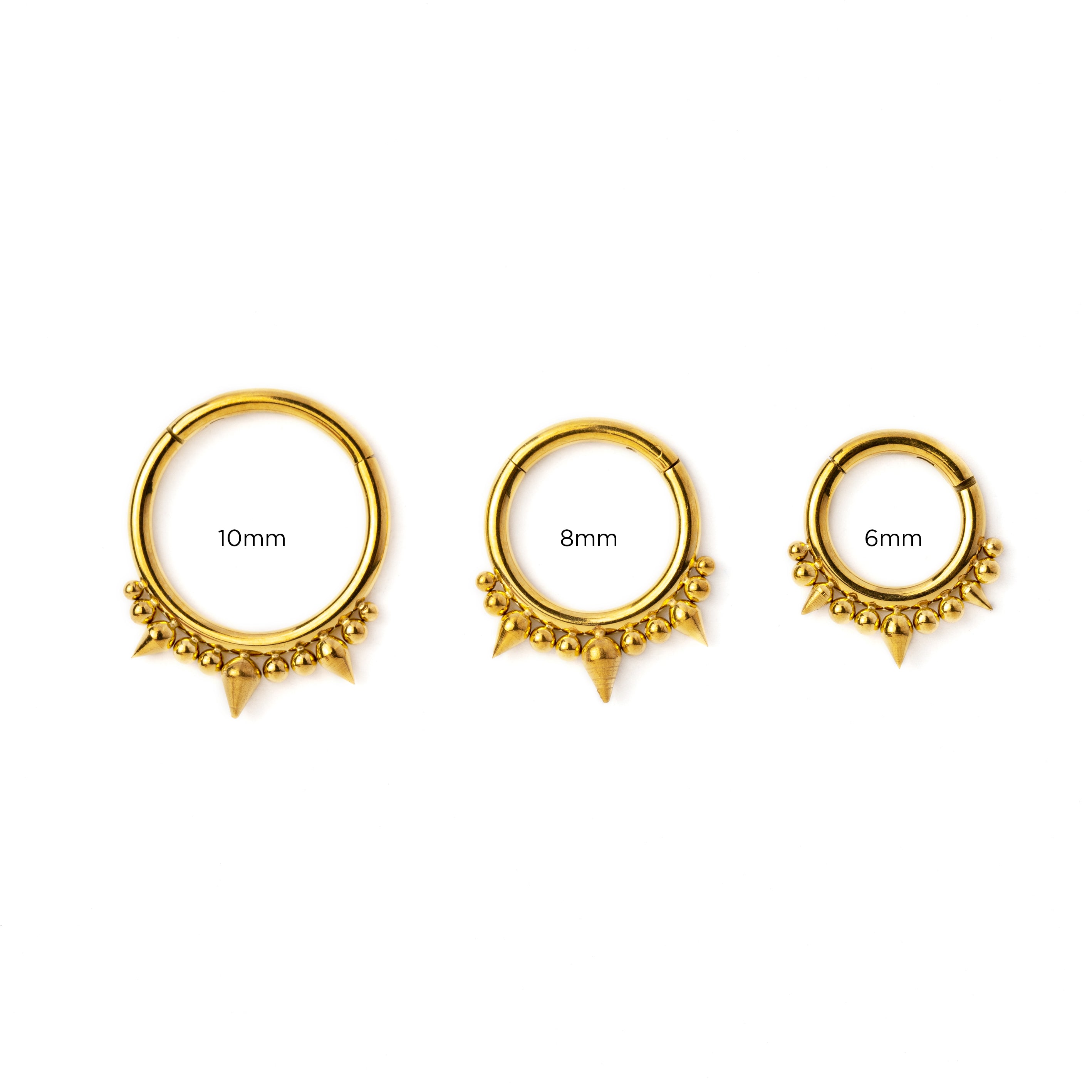 6mm, 8mm, 10mm Golden surgical steel Debra spiky septum clicker rings frontal view