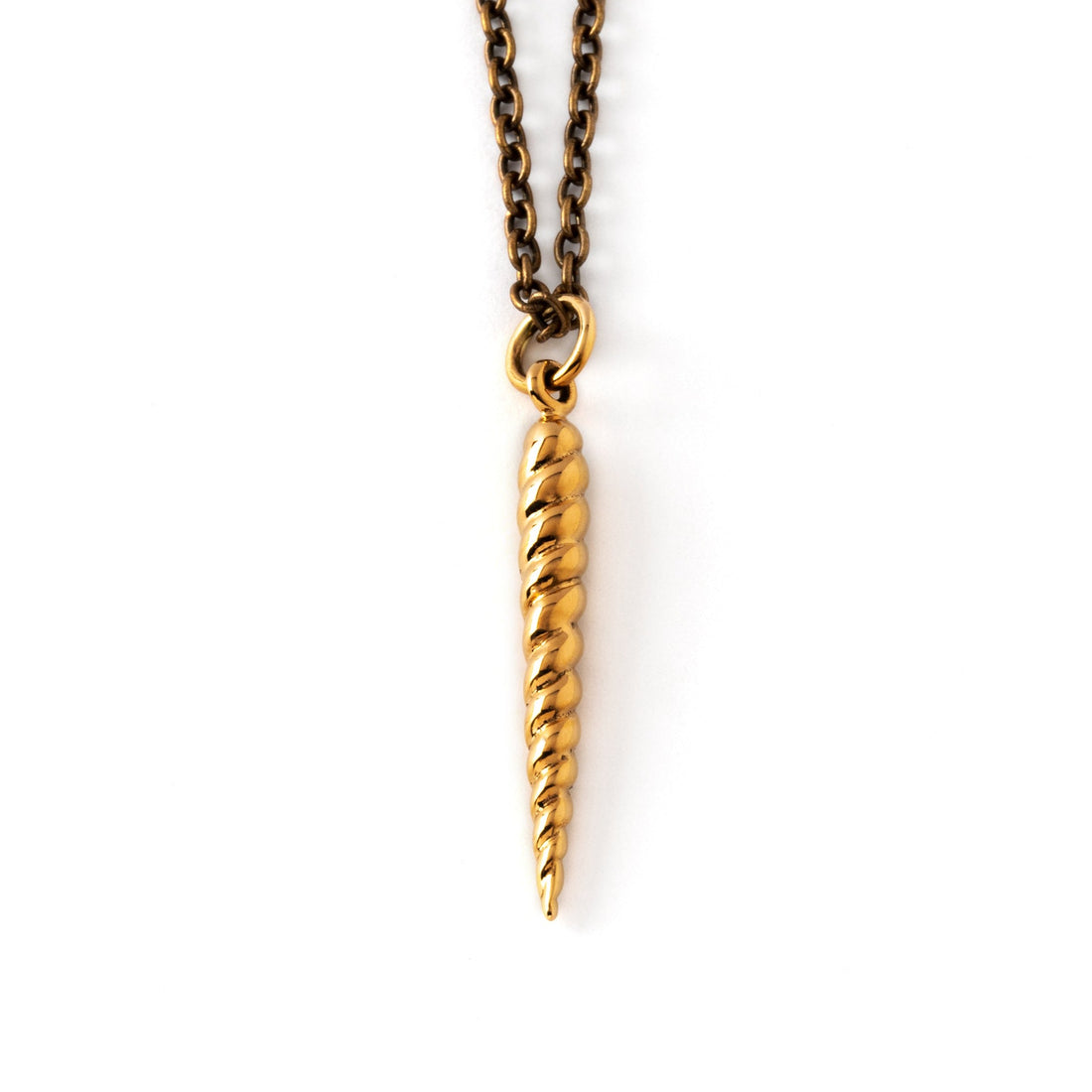 spiralling cone bronze pendant on a chain necklace frontal