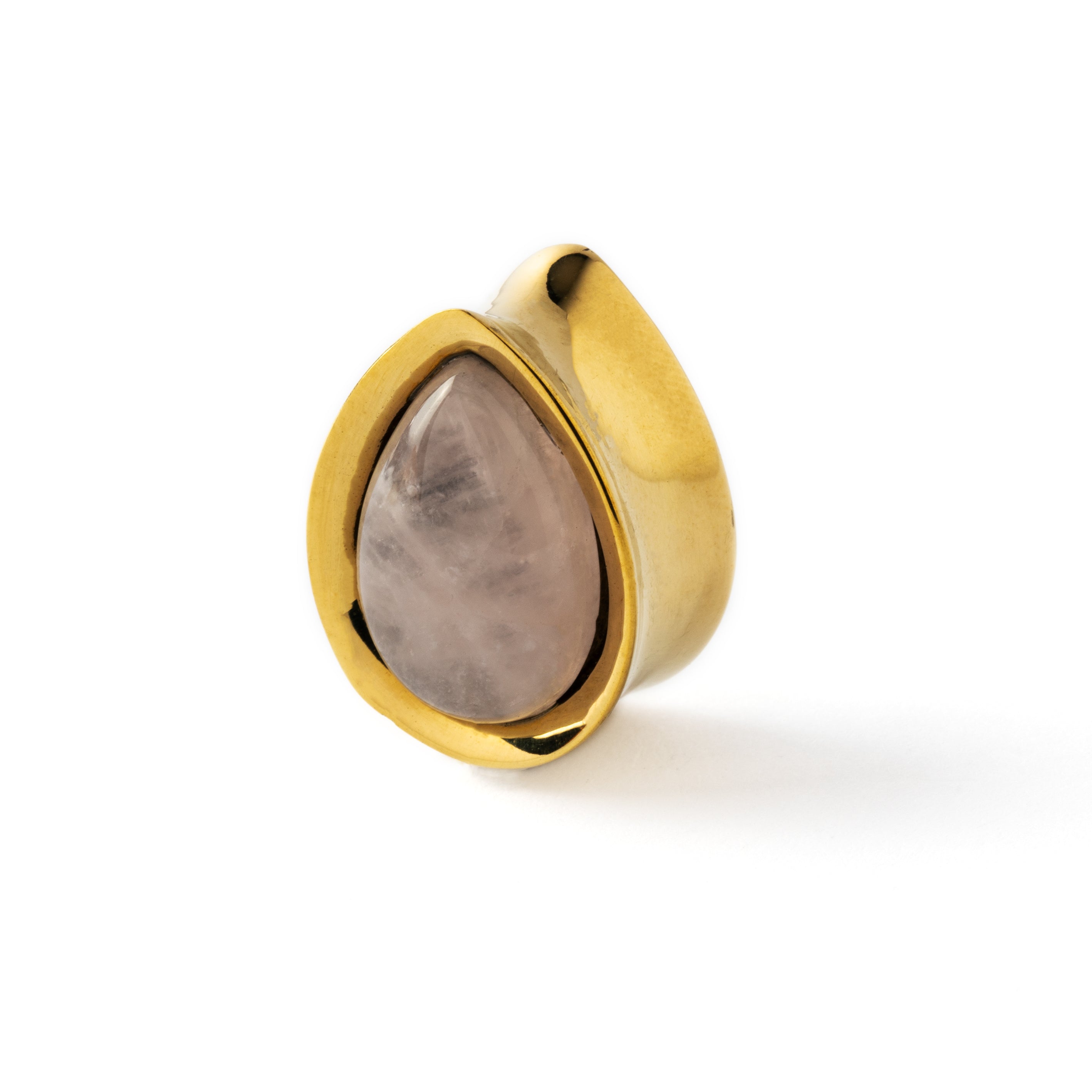 Golden brass teardrop rose quartz ear plug left front view