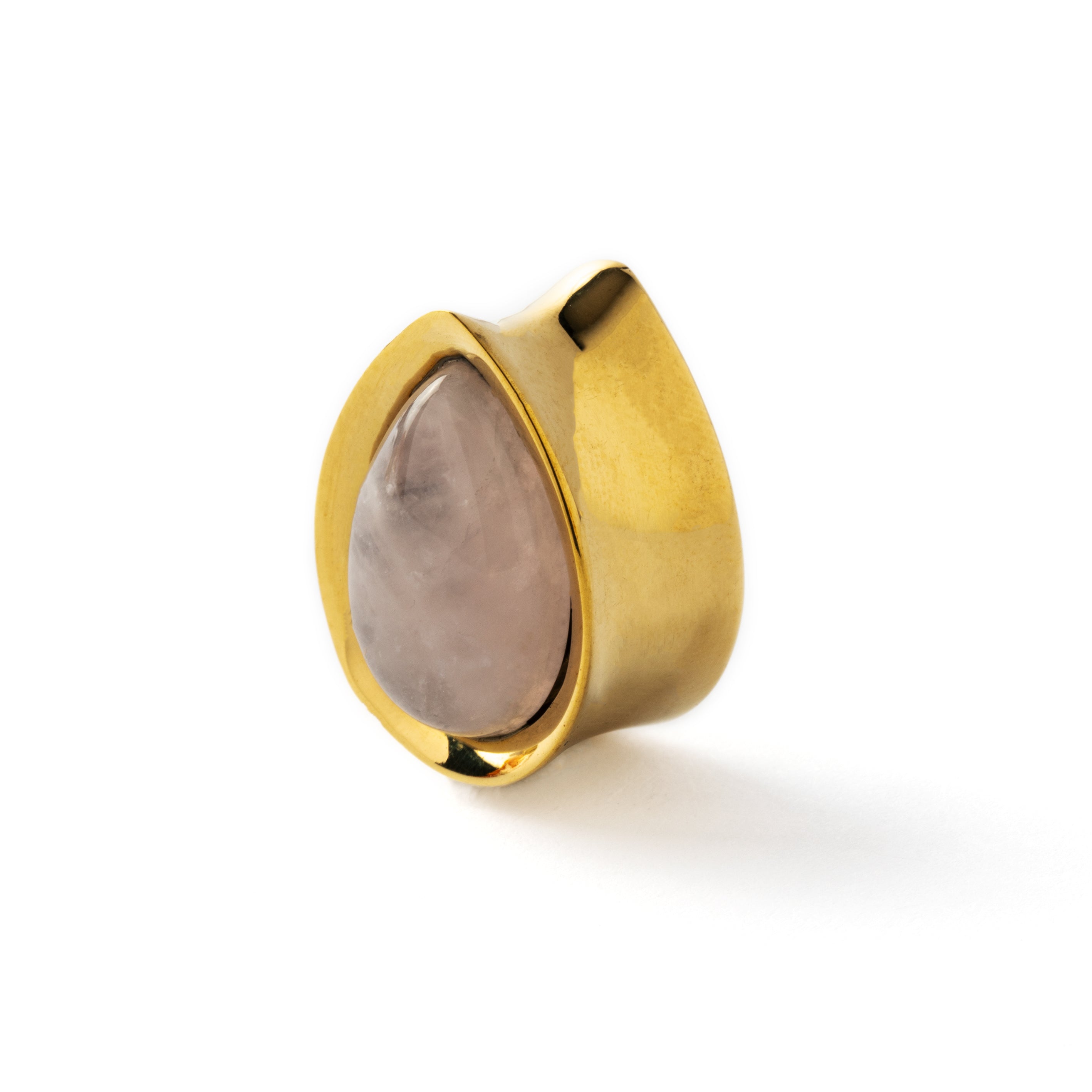 Golden brass teardrop rose quartz ear plug left side view