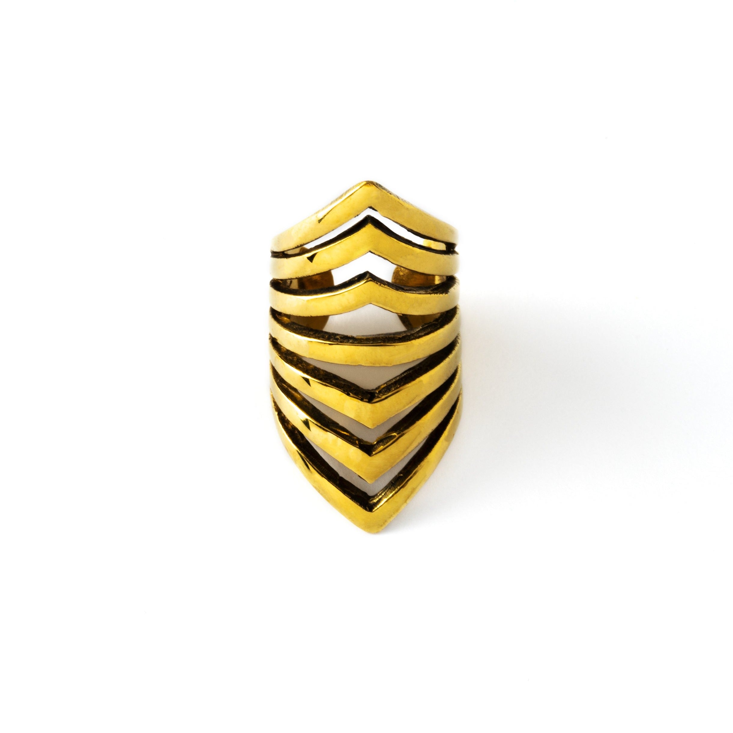 golden colour long ear cuff for the cartilage with multiple pointy rings frontal view