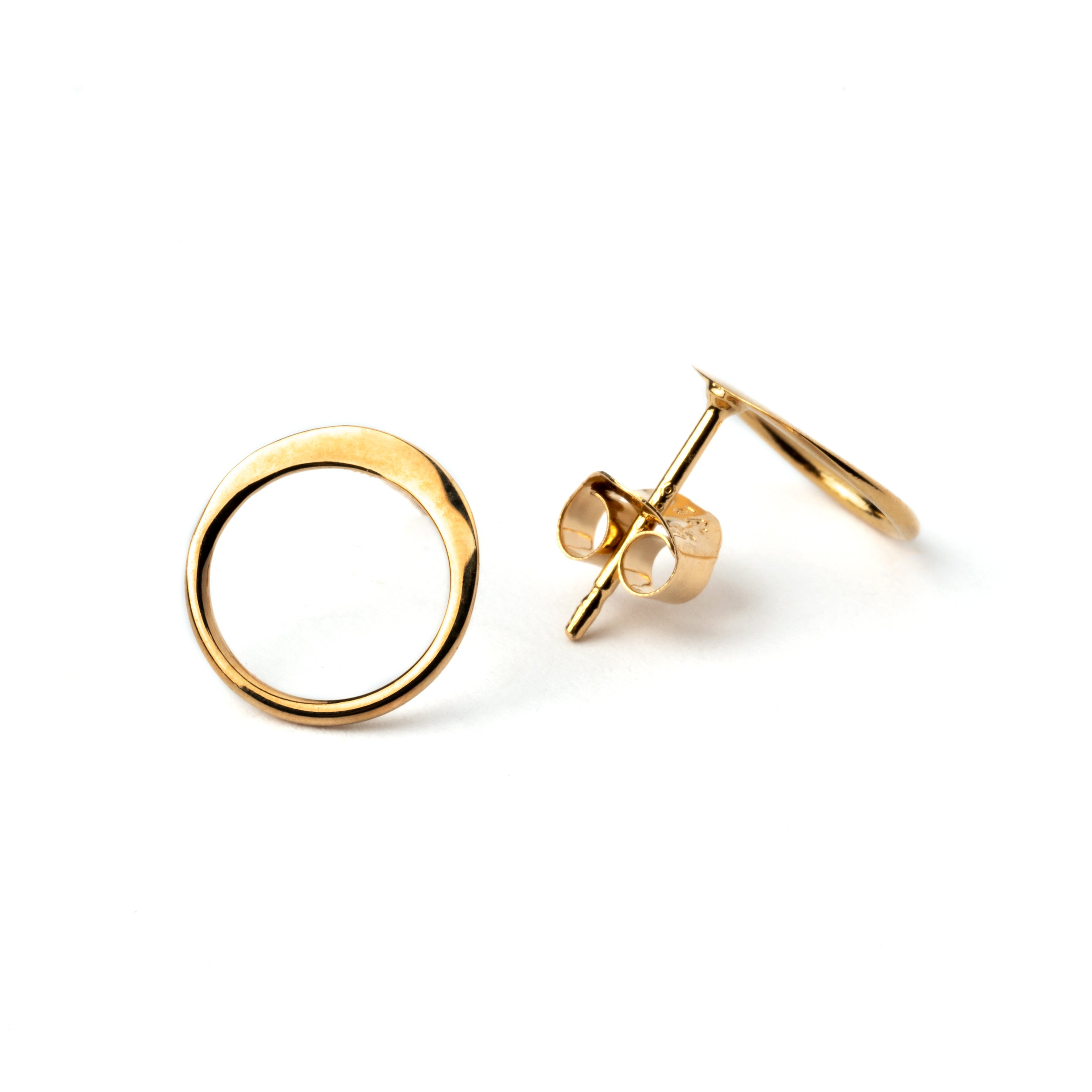 Gold circle ear studs front and side view