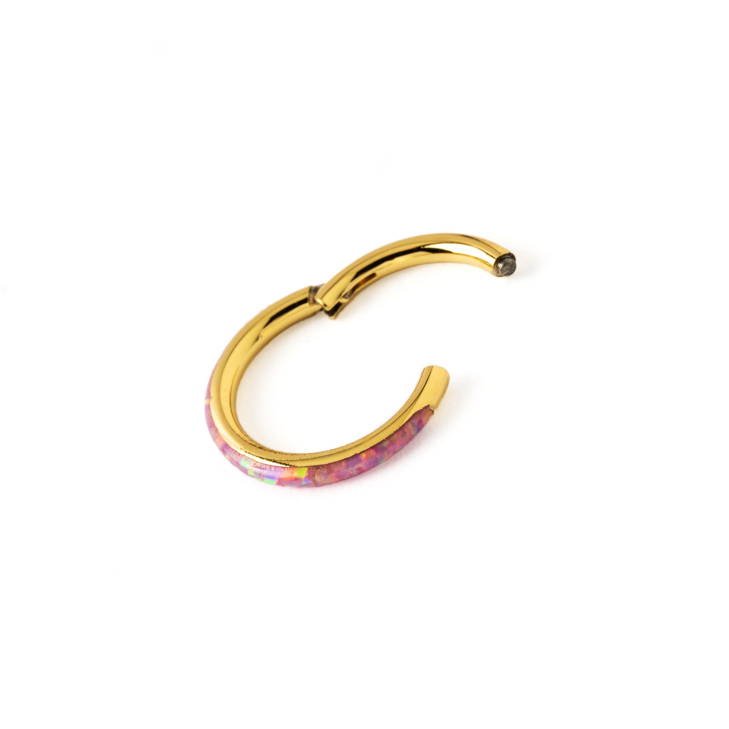 Golden surgical steel Clicker Ring with Pink Opal hinged segment view