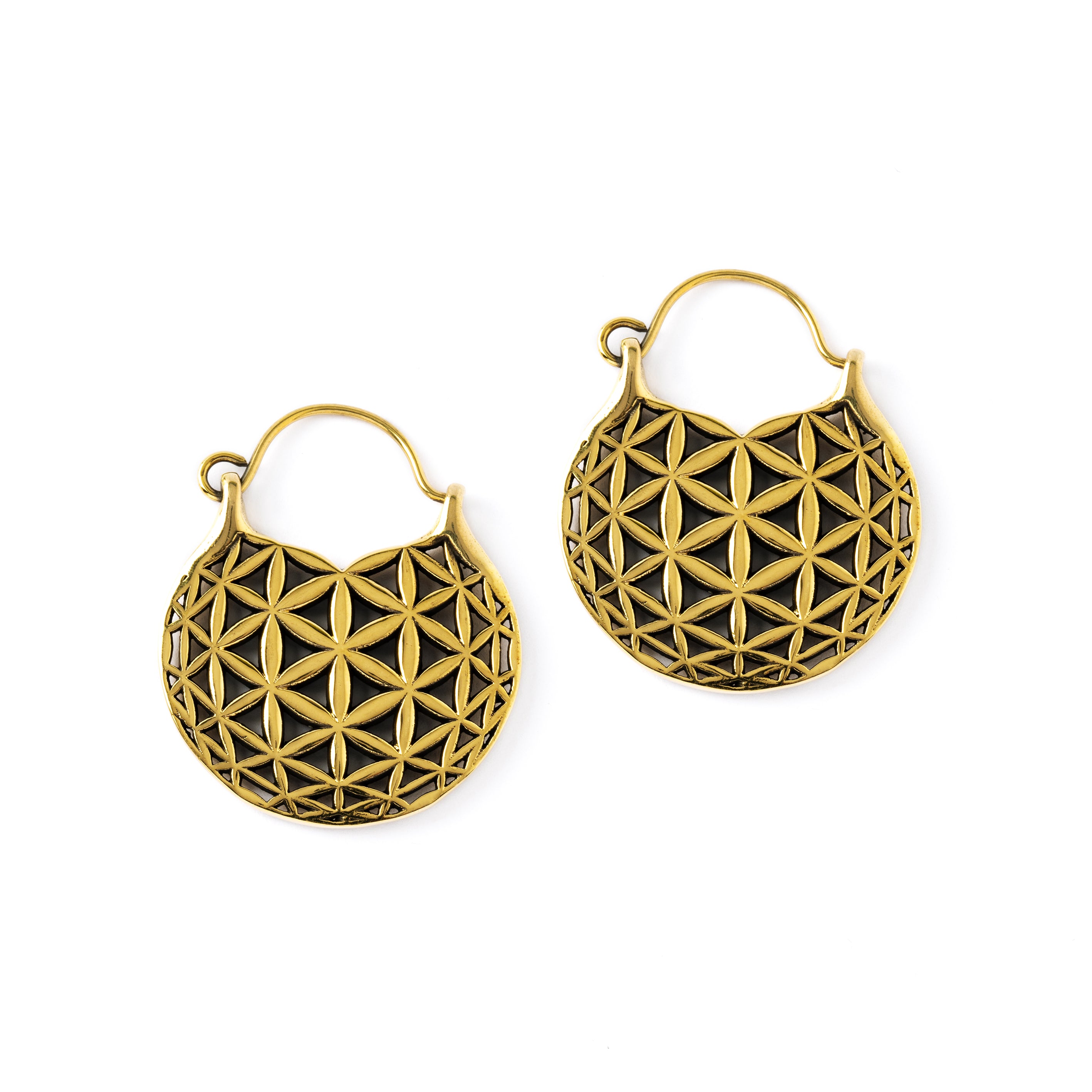 Golden Flower of Life hoop earrings frontal view