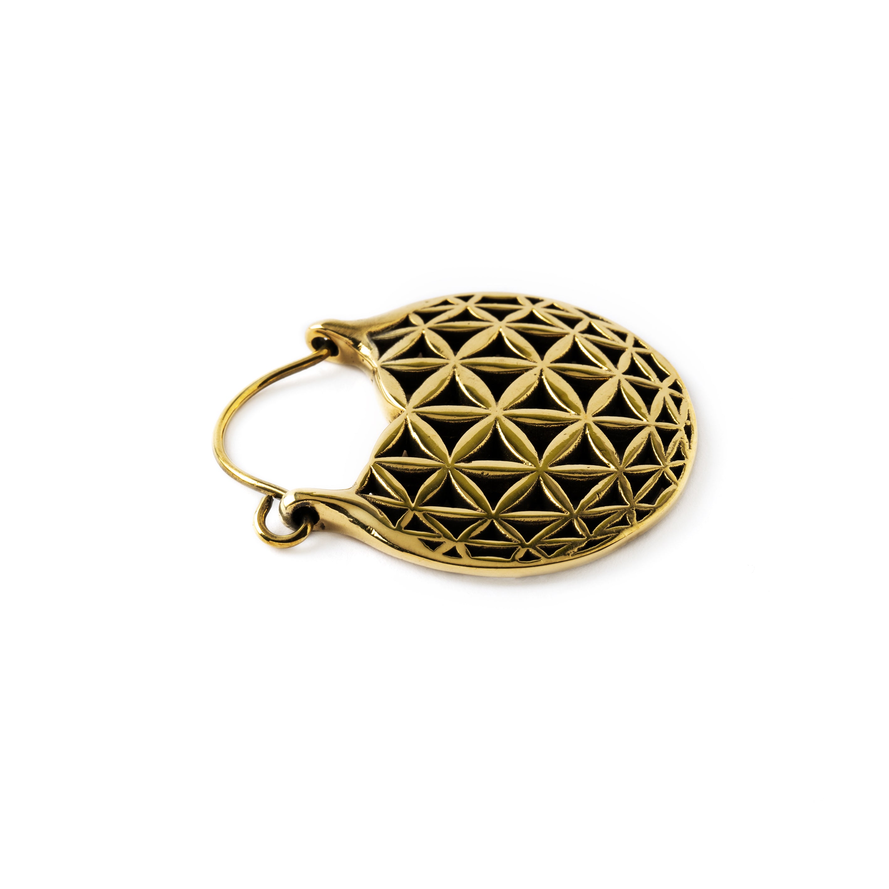 single Golden Flower of Life hoop earring side view