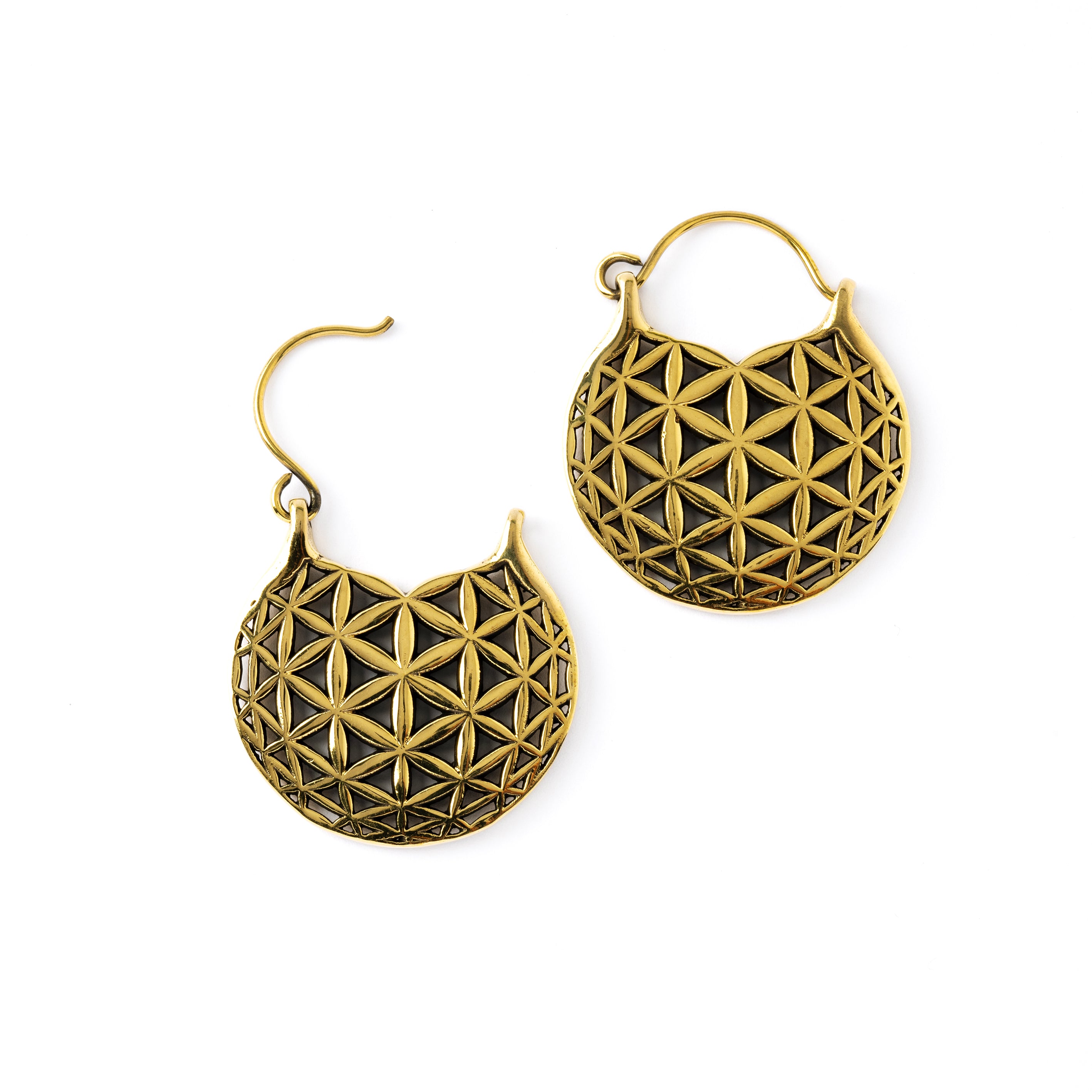 Golden Flower of Life hoop earrings closure view