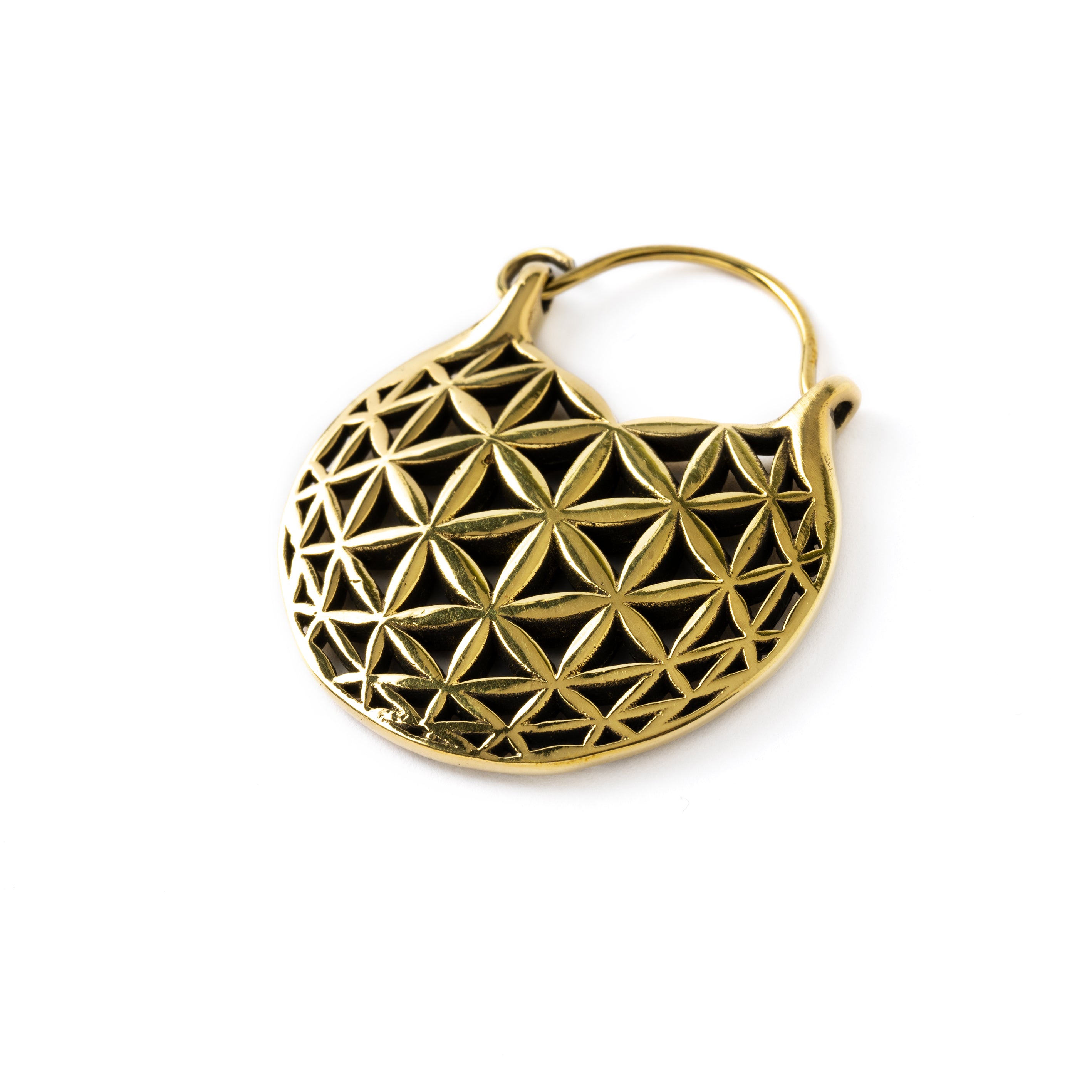 single Golden Flower of Life hoop earring left side view