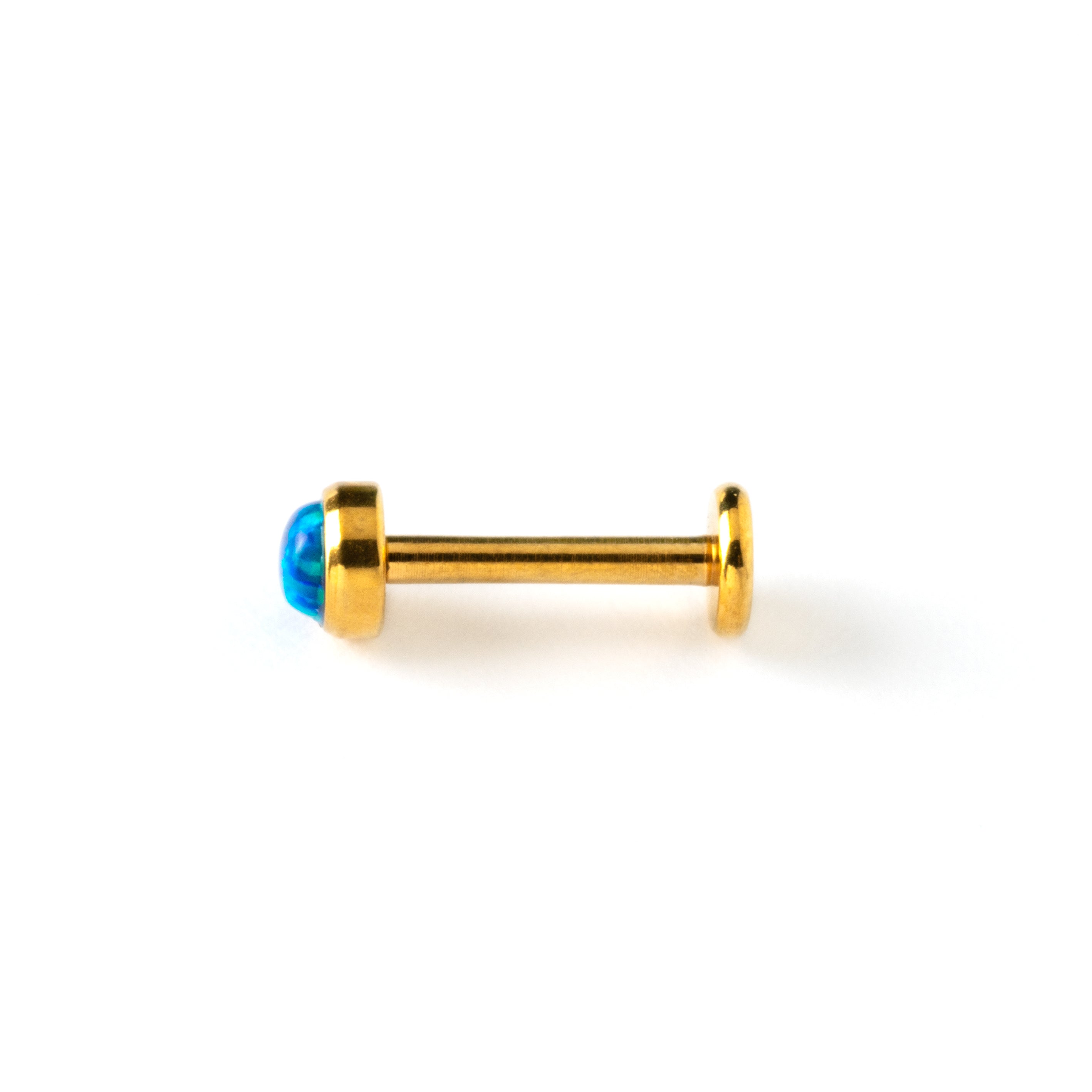 golden surgical steel internally threaded labret with blue opal stone side view