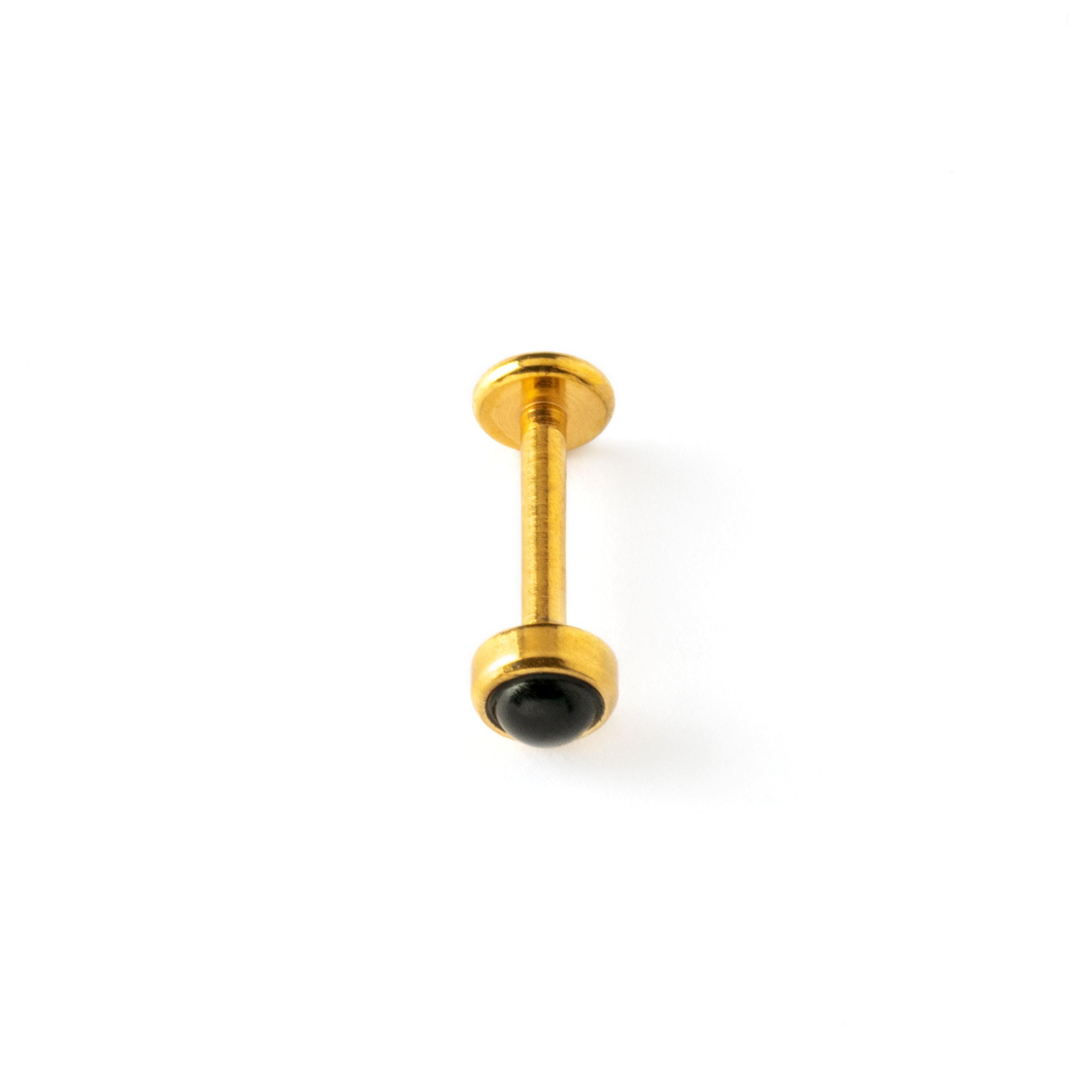 golden surgical steel internally threaded labret with black onyx stone above view