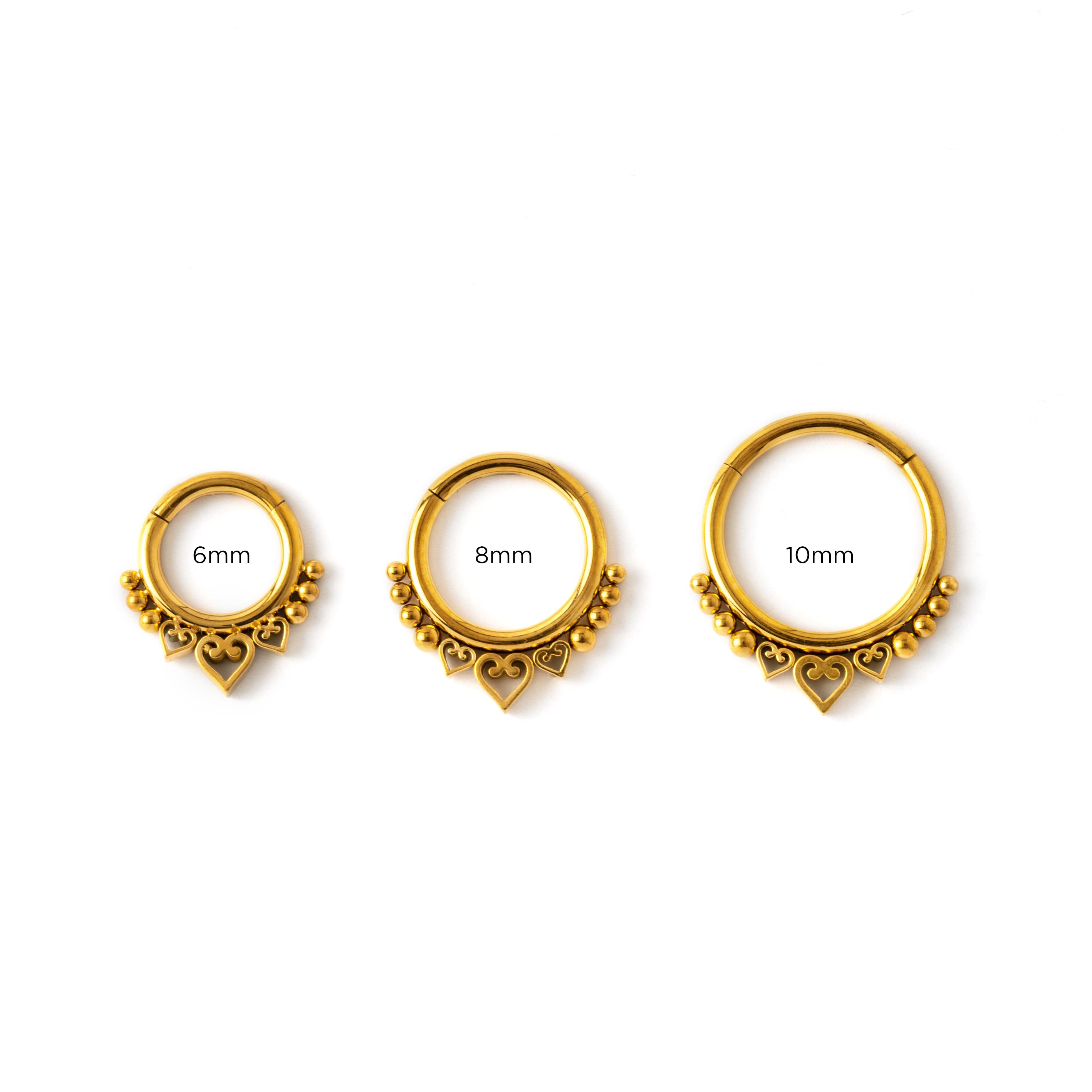 6mm, 8mm & 8mm Golden Neptune Septum Clickers frontal view