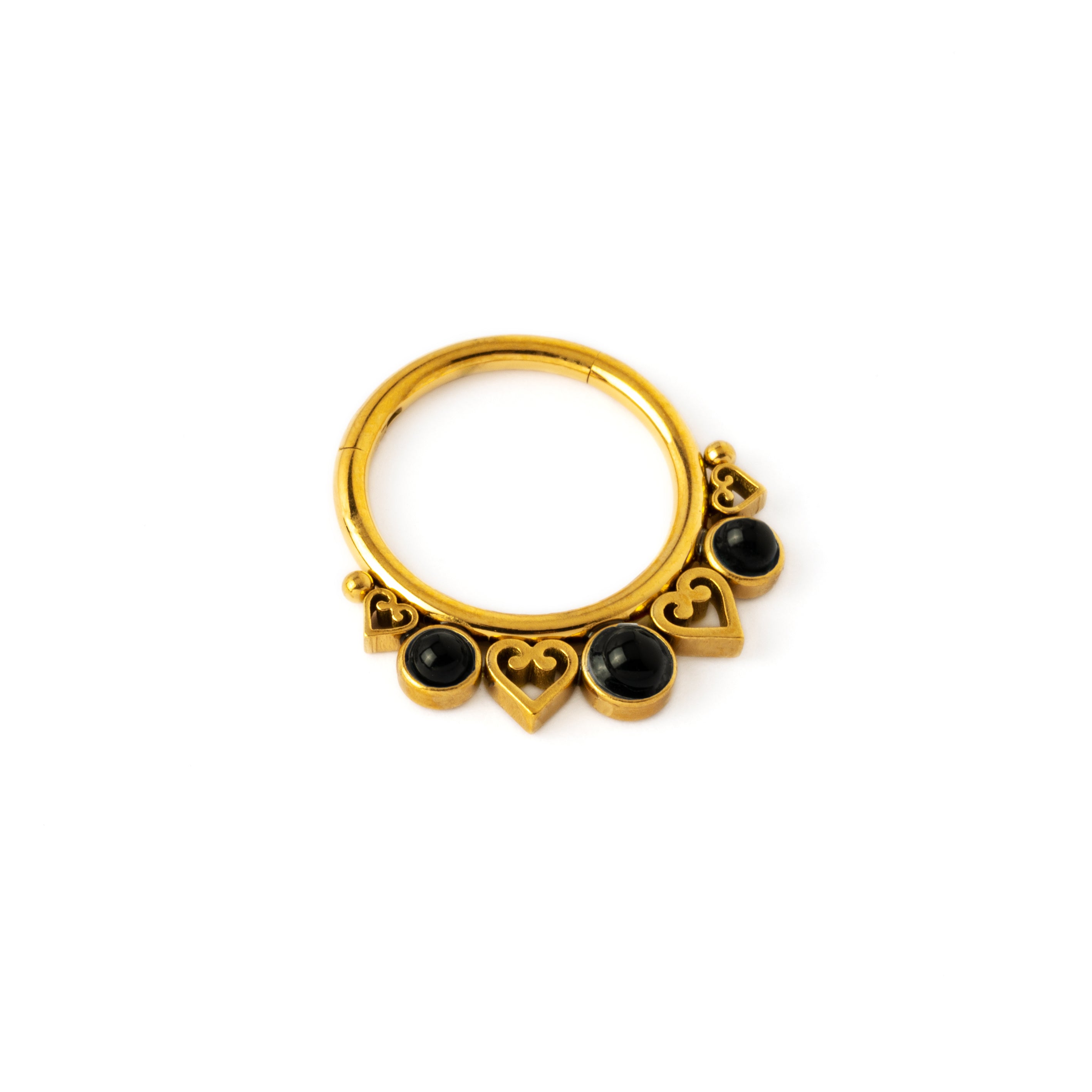 Golden Neptune Septum Clicker with black Onyx left side view