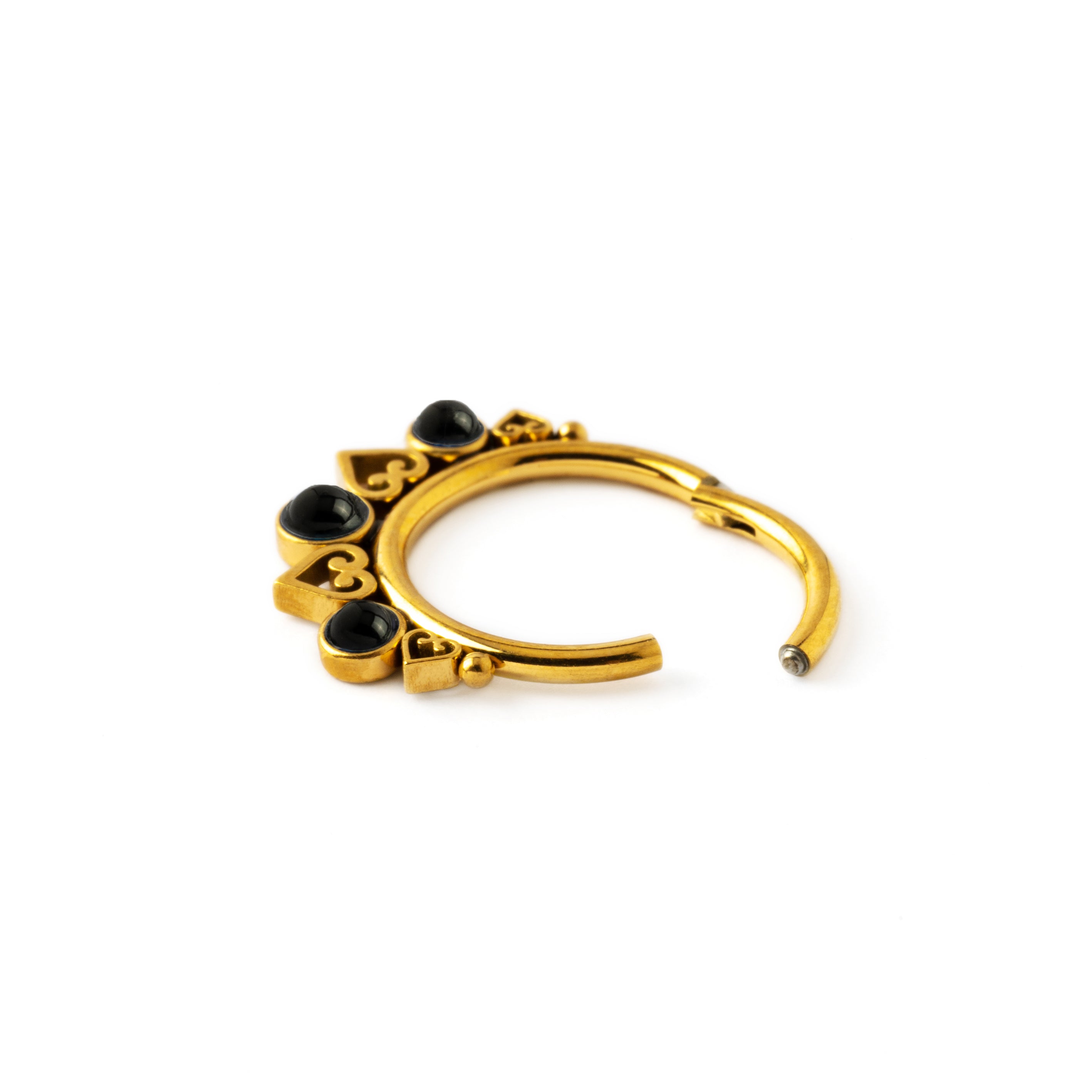 Golden Neptune Septum Clicker with black Onyx hinged segment view