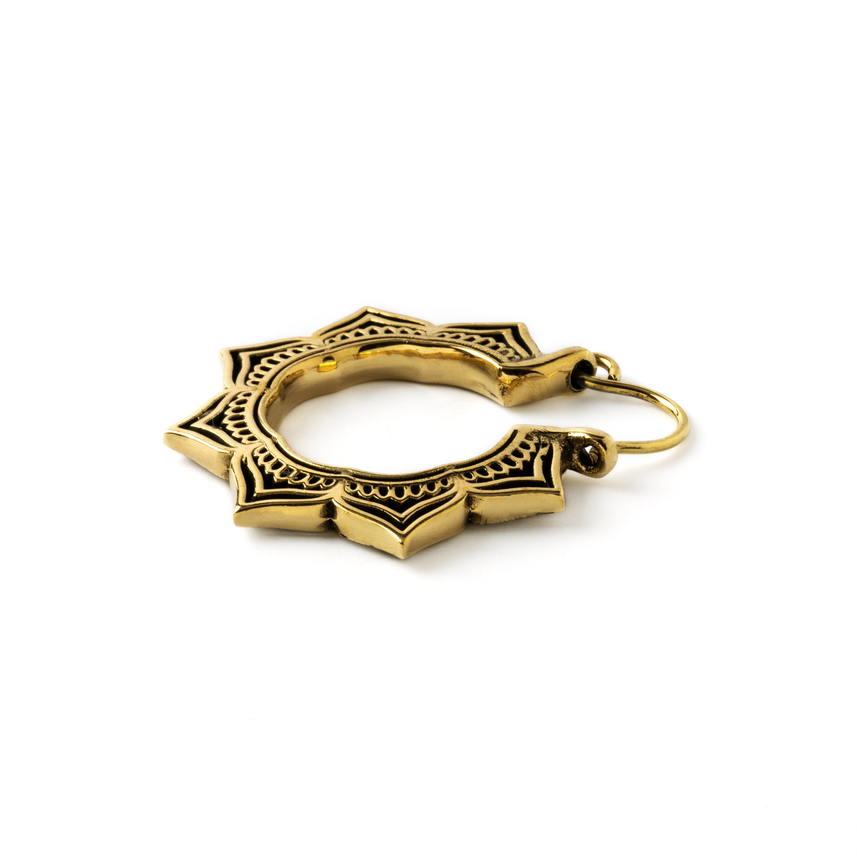 single golden brass open lotus hoop earring side view