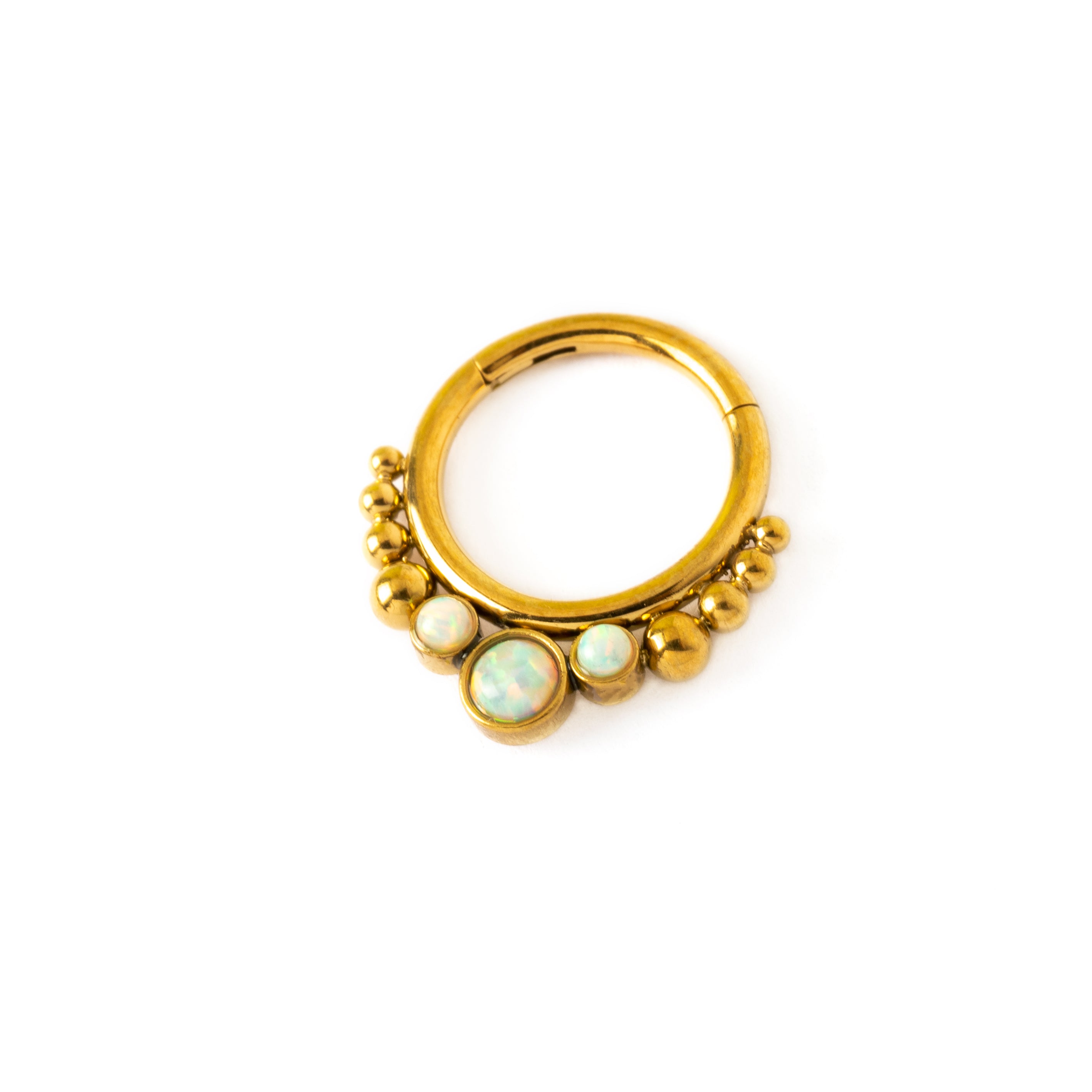 Golden Siti white Opal septum clicker left side view
