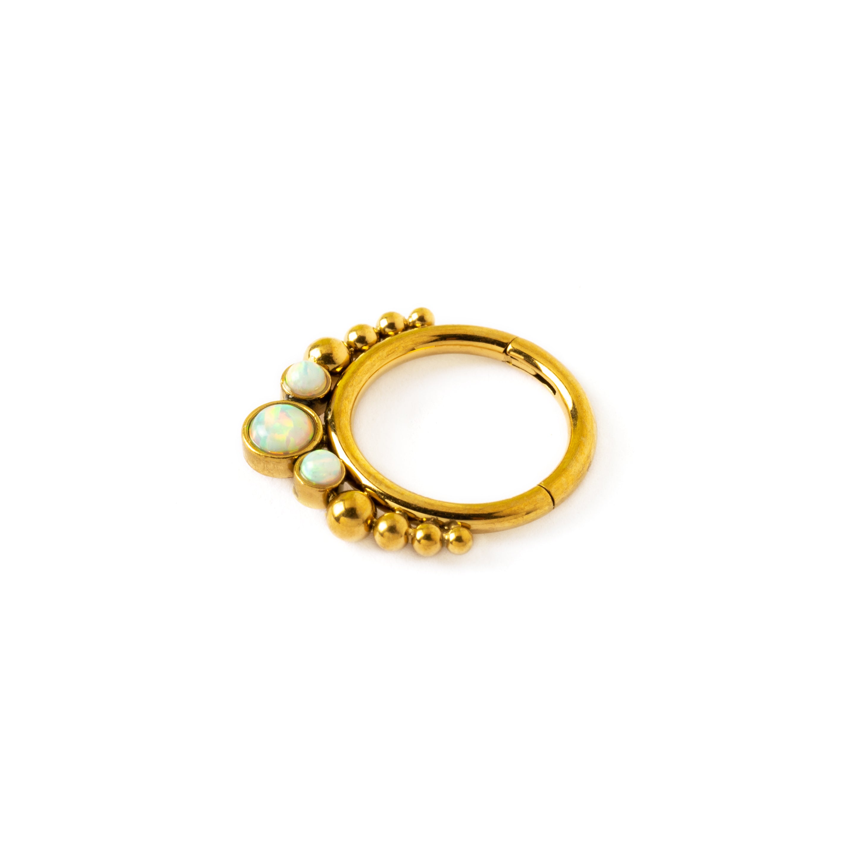 Golden Siti white Opal septum clicker side view