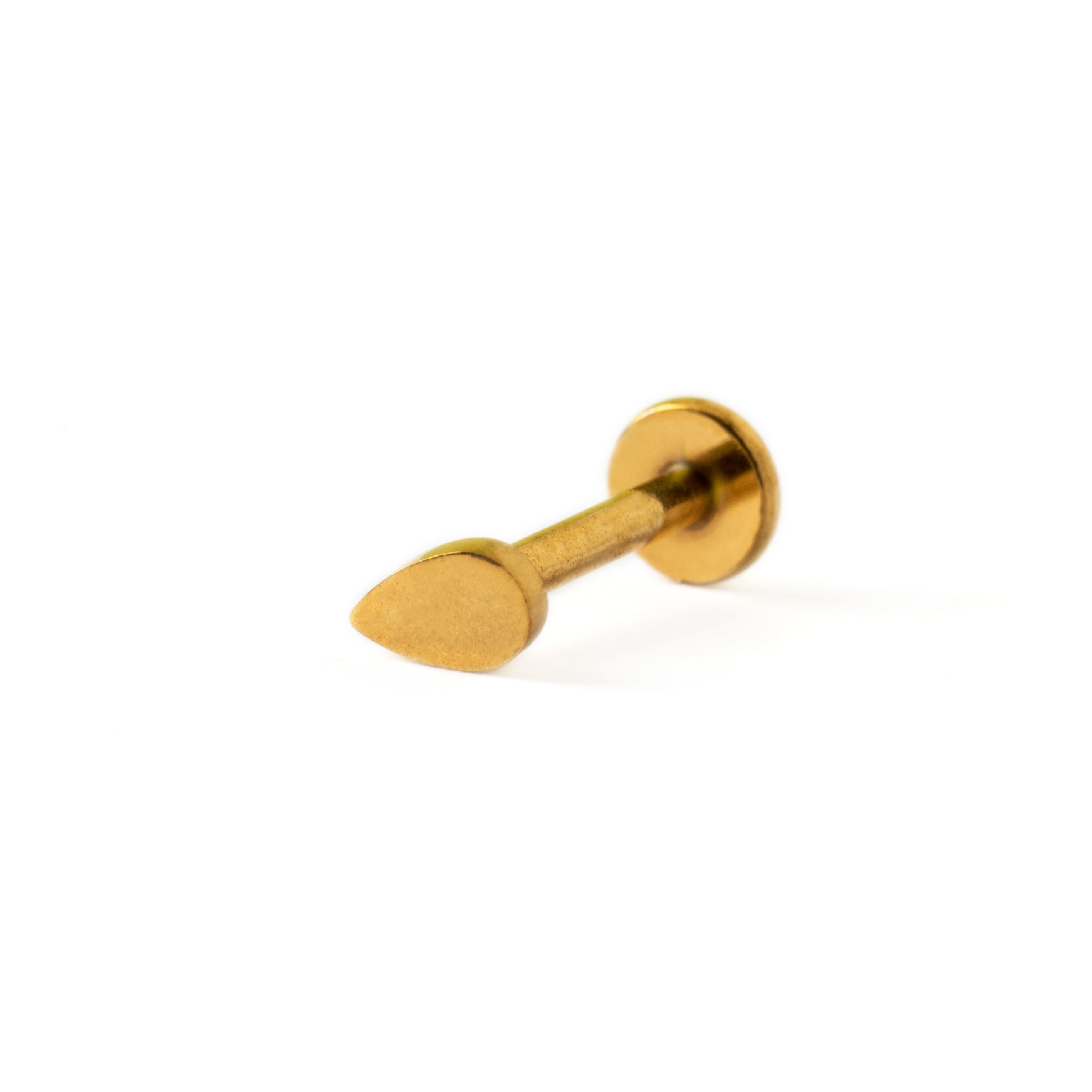 Gold surgical steel teardrop internally threaded labret stud left side view