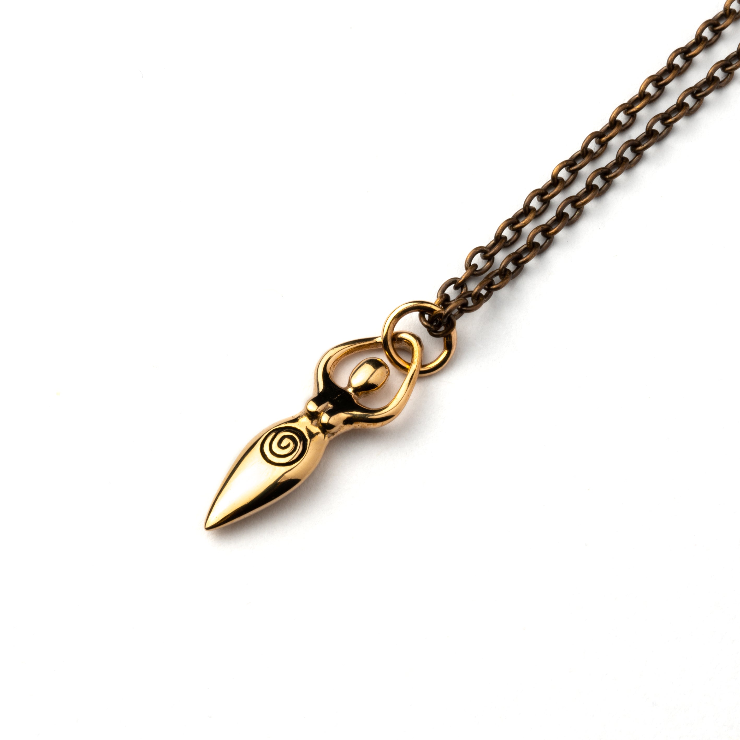 Tiny bronze Fertility goddess with etched spiral charm on a necklace right side view
