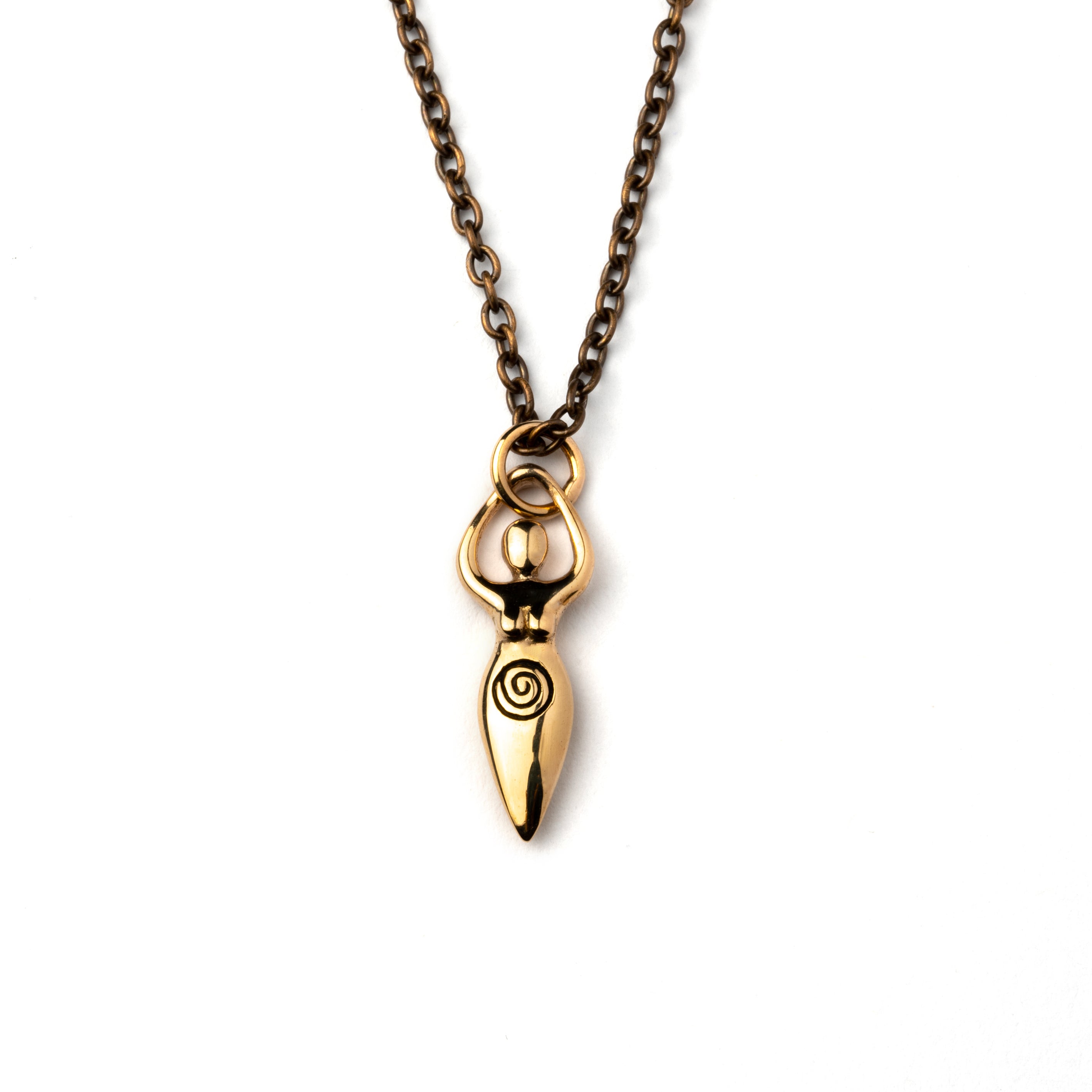 Tiny bronze Fertility goddess with etched spiral charm on a necklace frontal view