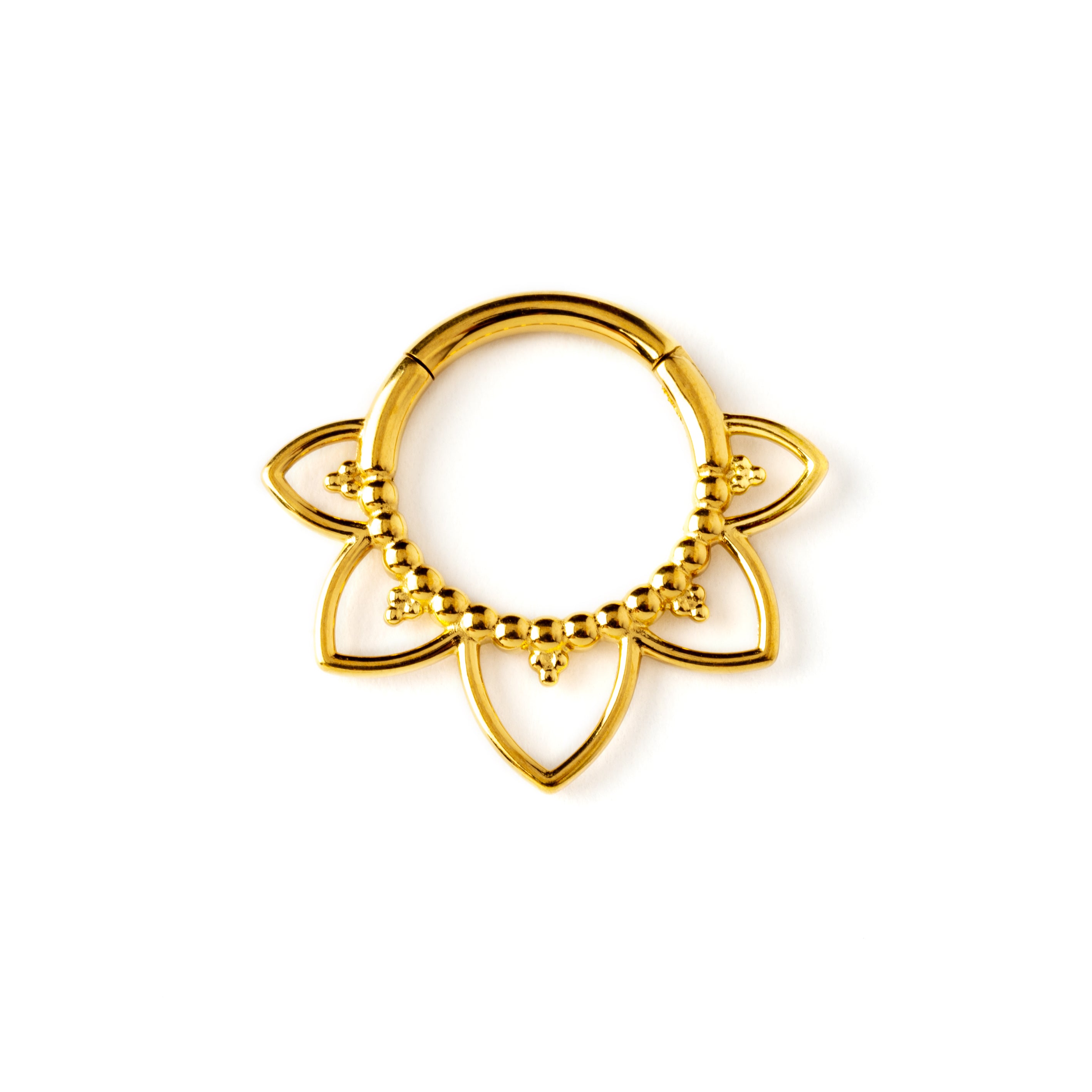 Iryia gold surgical steel open lotus septum clickers frontal view