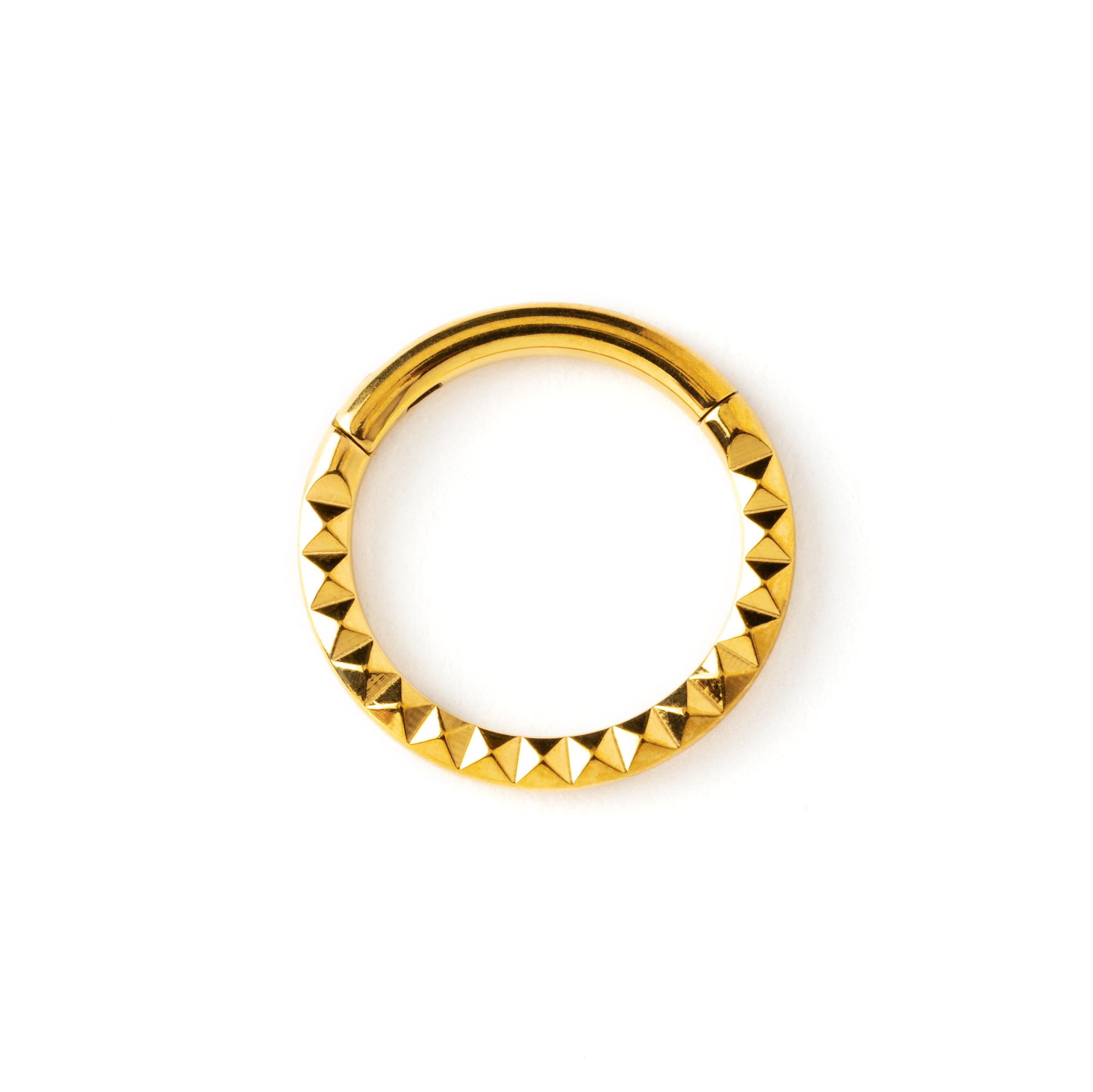 Giza gold surgical steel clicker ring with 3d pyramid patter frontal view
