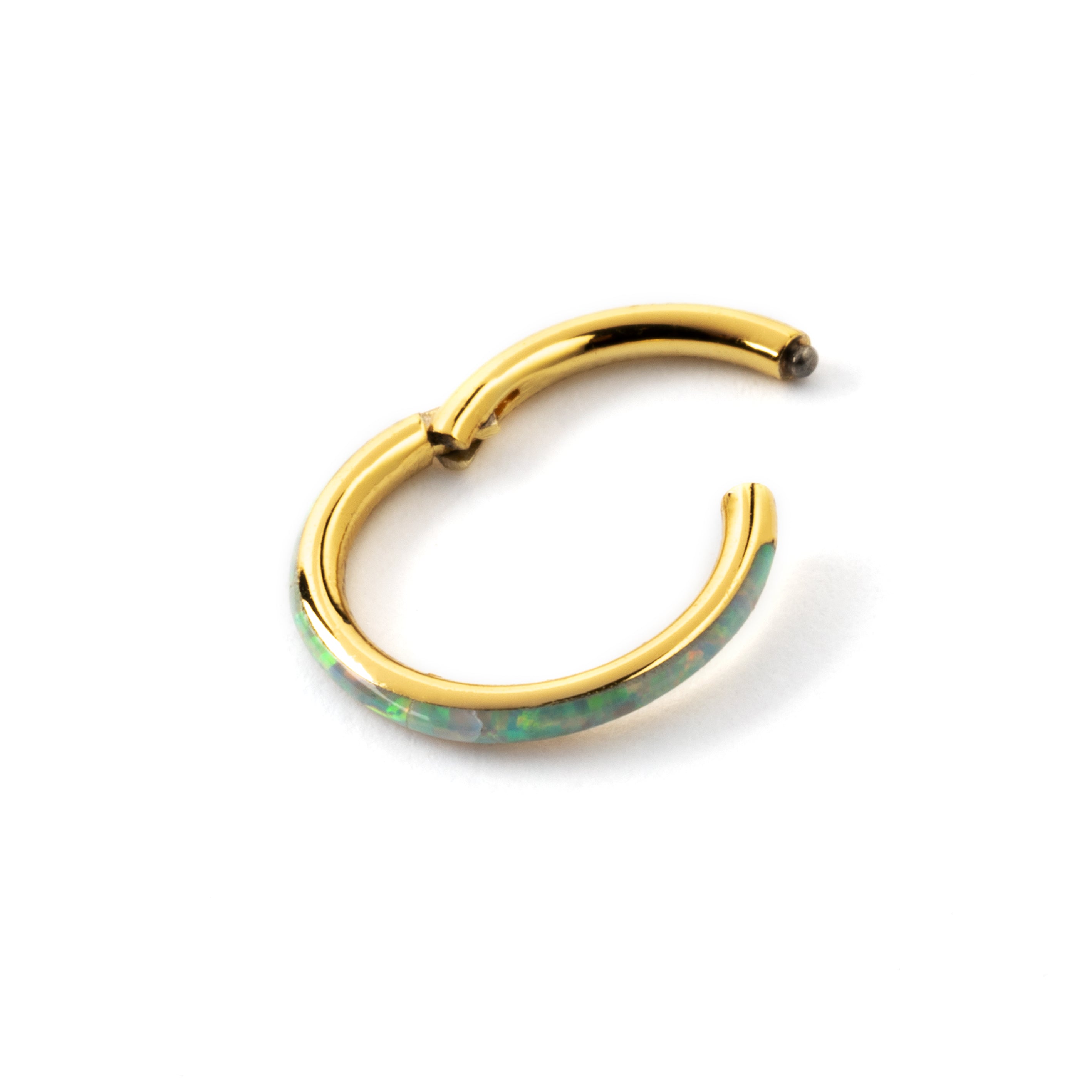 Gold surgical steel septum clicker ring with white opal inlay closure view