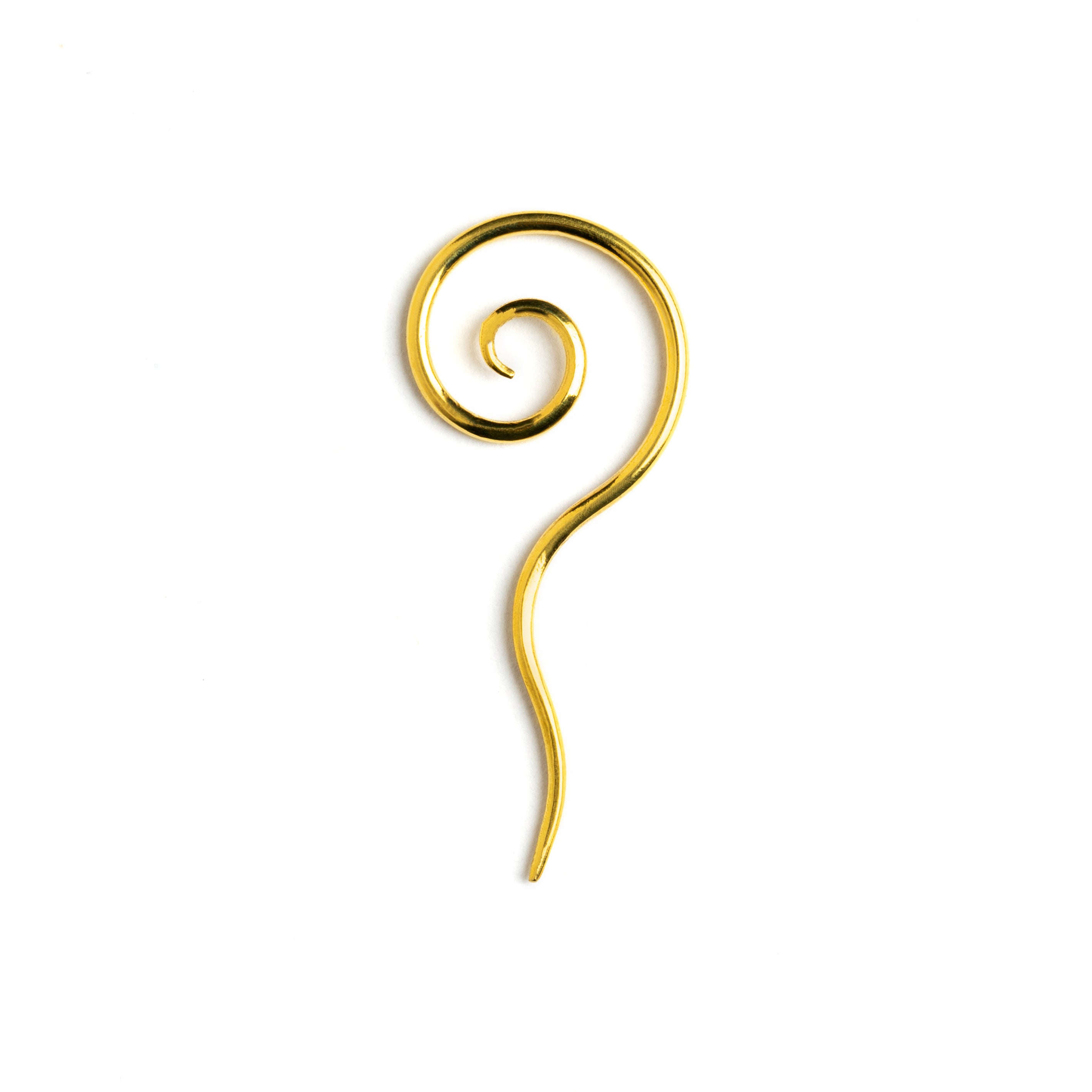 single golden brass wire long tailed spiral hook earring side view