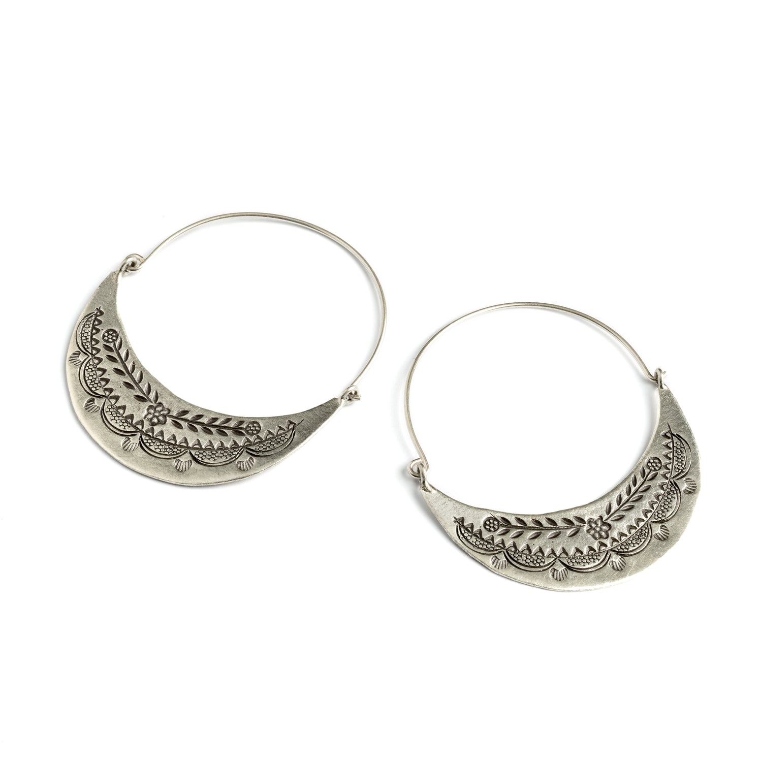 Half Moon Tribal Silver Earrings frontal and side view