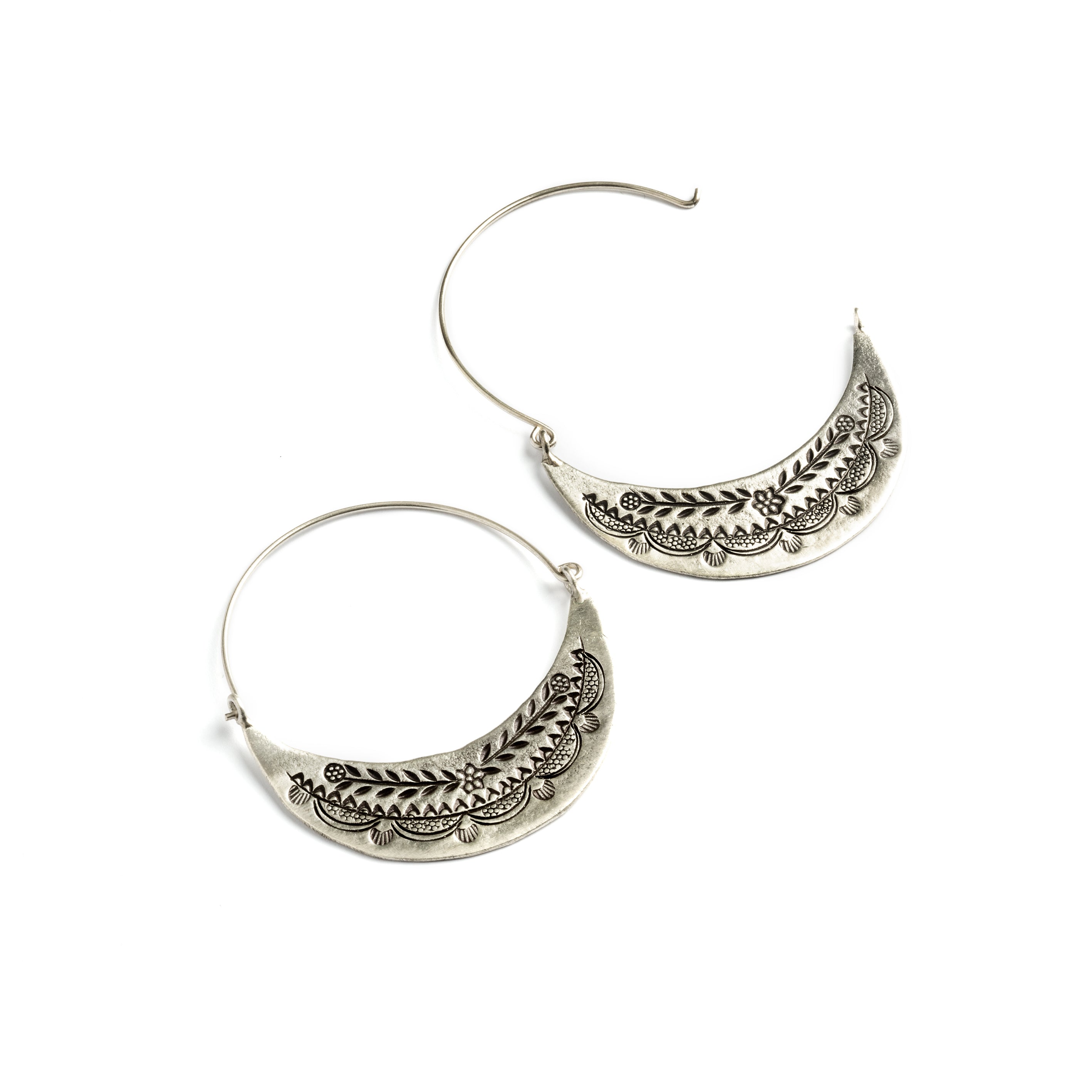 Half Moon Tribal Silver Earrings open clasp view