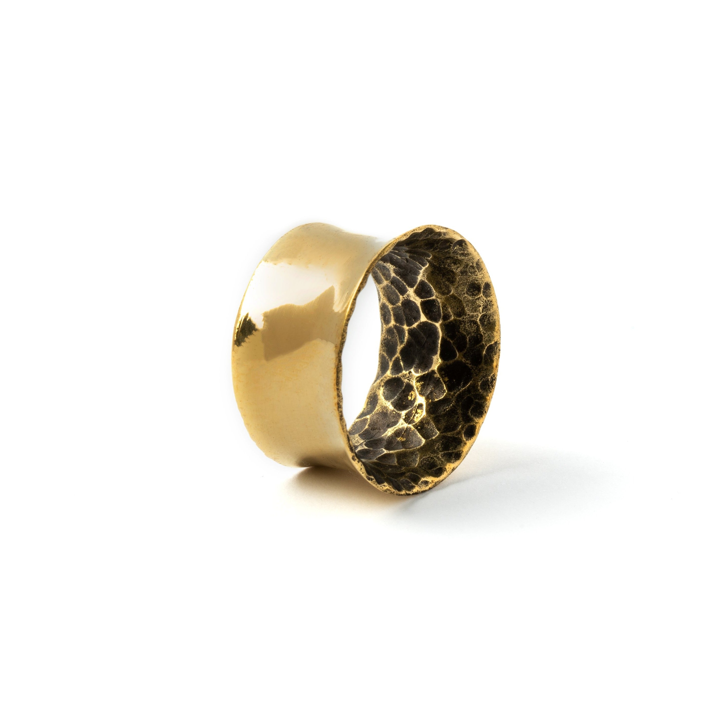 Hammered brass ear tunnels right side view