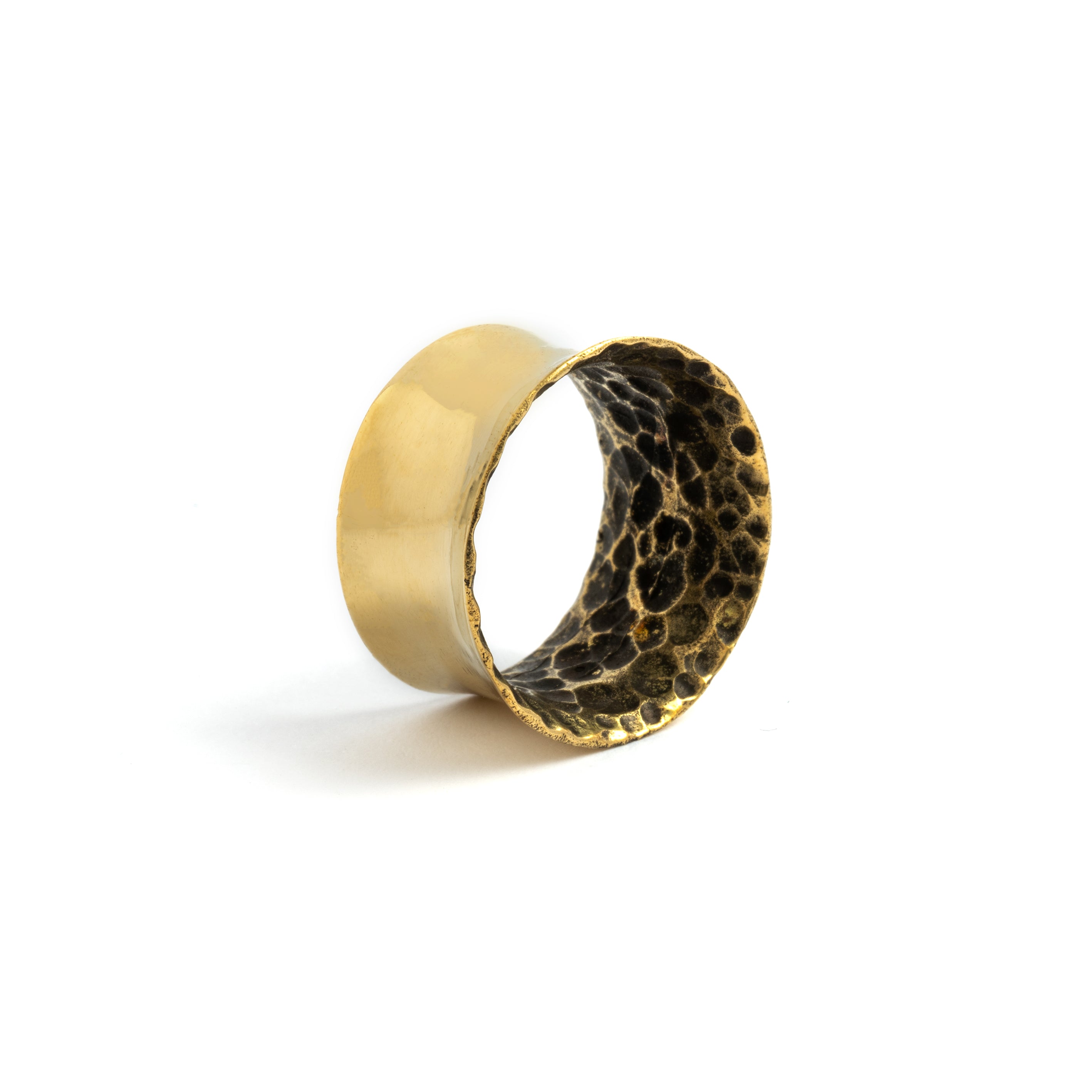 Hammered brass ear tunnels right side view