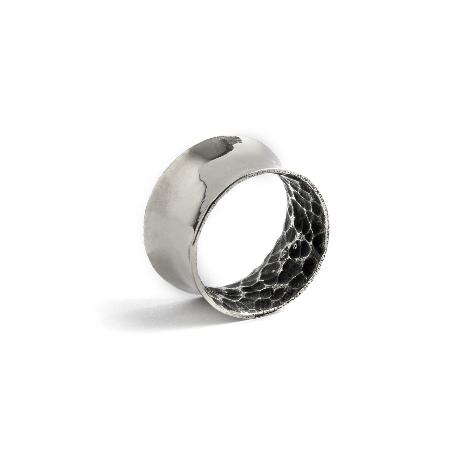 single Hammered Silver ear tunnel back view