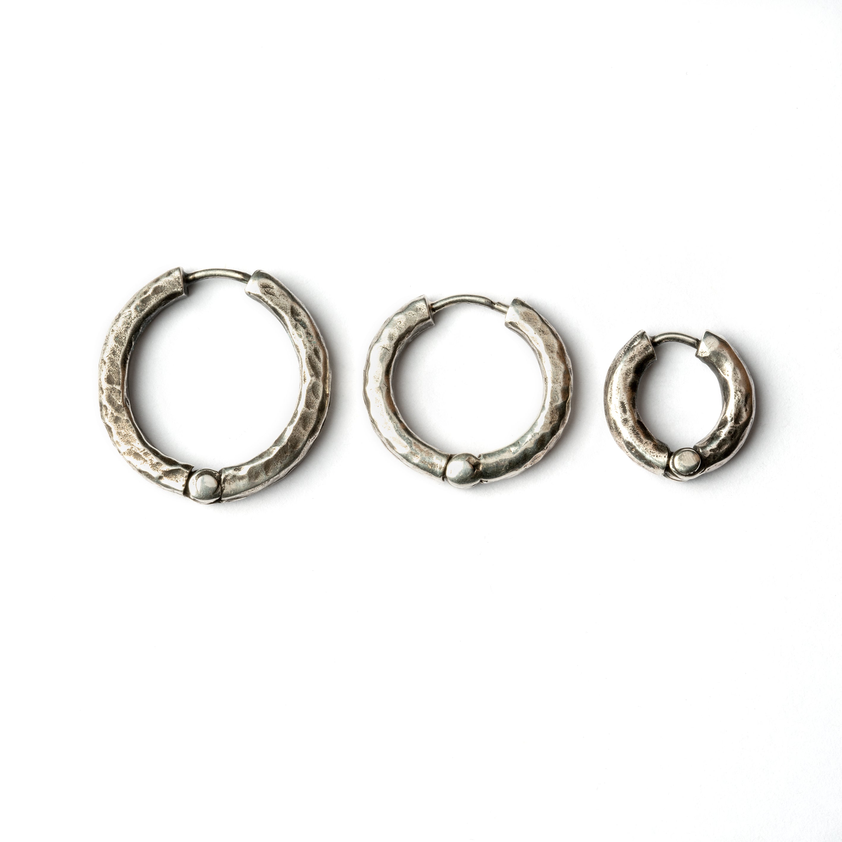 hammered oxidised silver hoop earrings with click on locking system 26mm, 22mm, 18mm front view