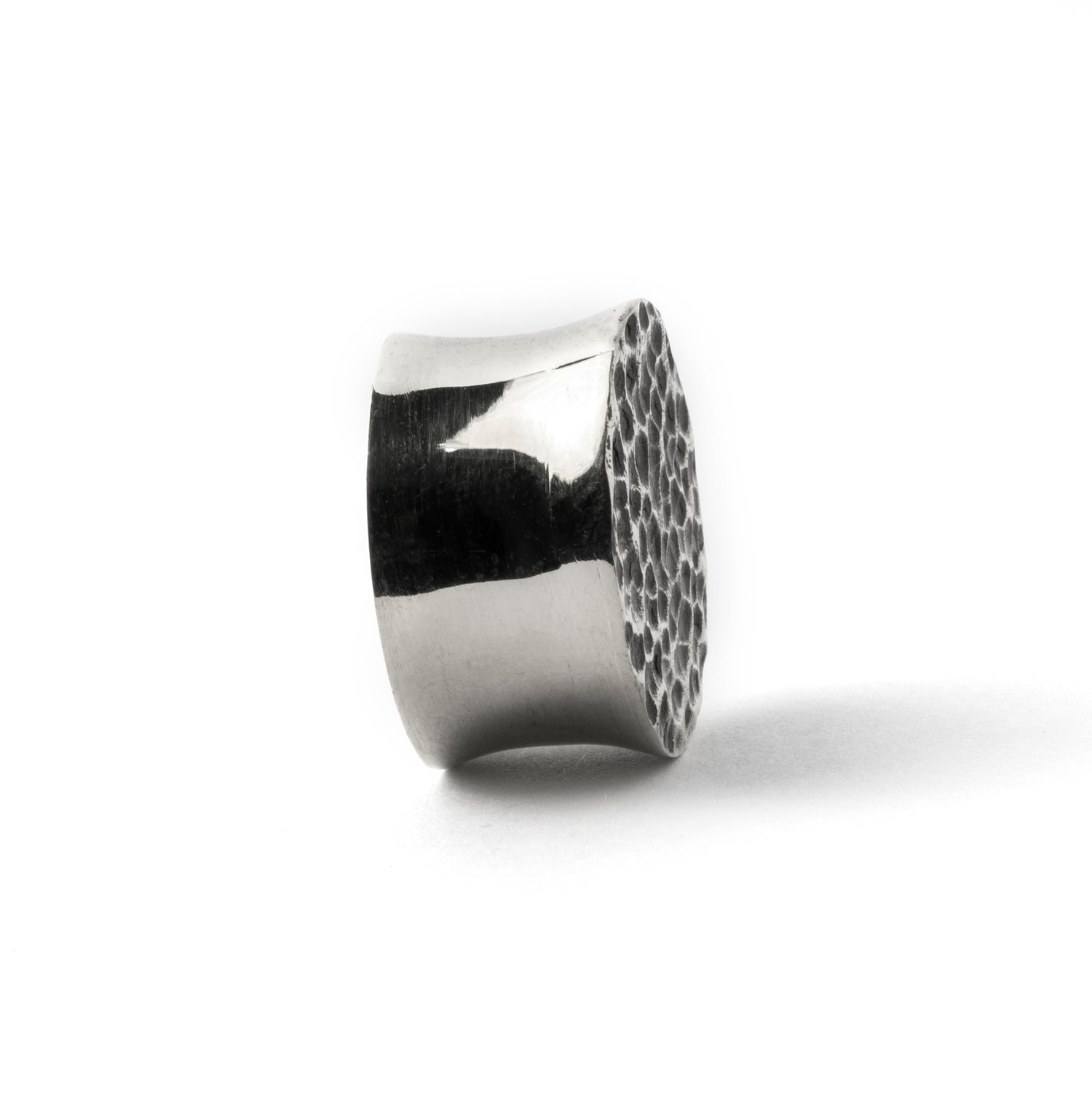 single hammered silver double flared ear plug side view