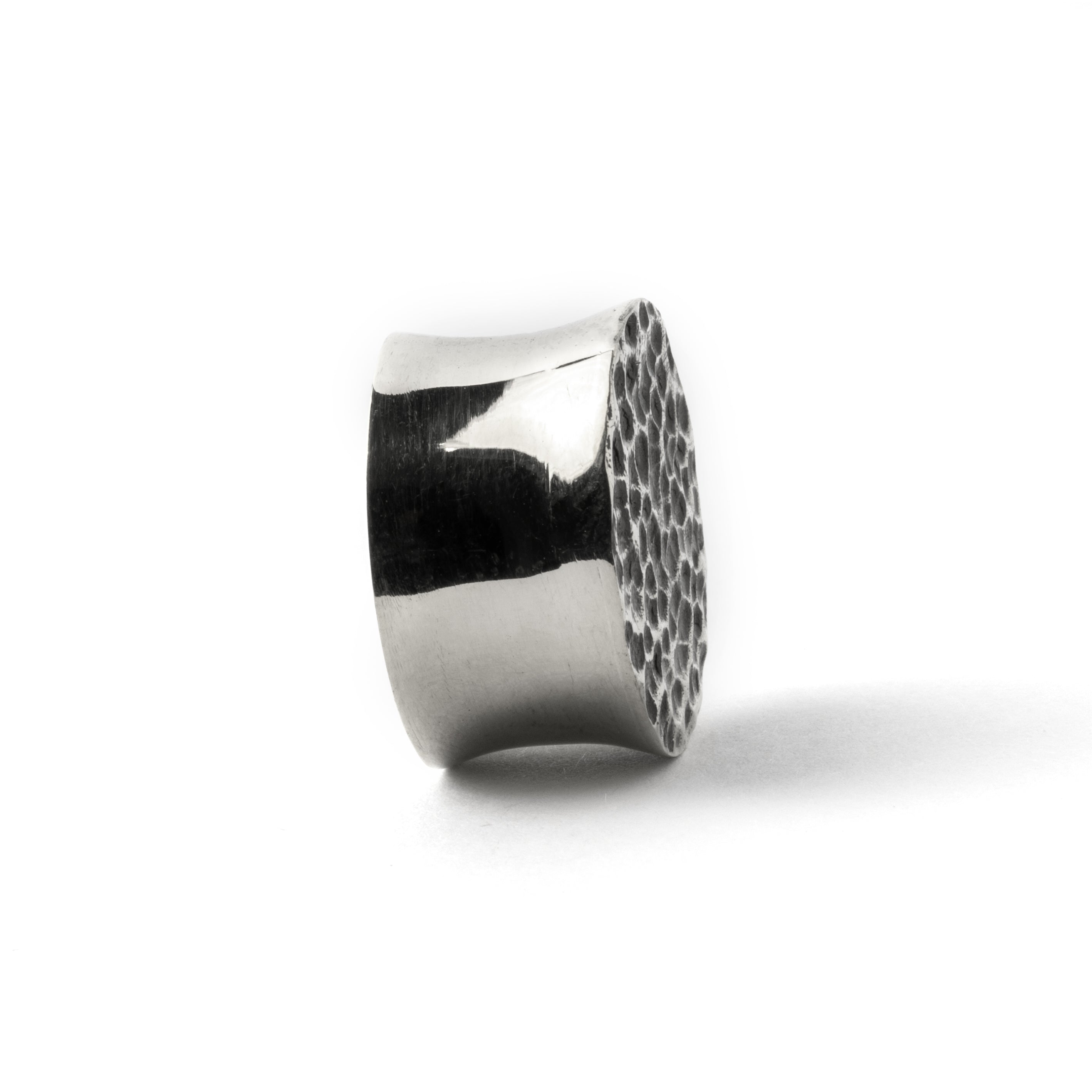 single hammered silver double flared ear plug side view