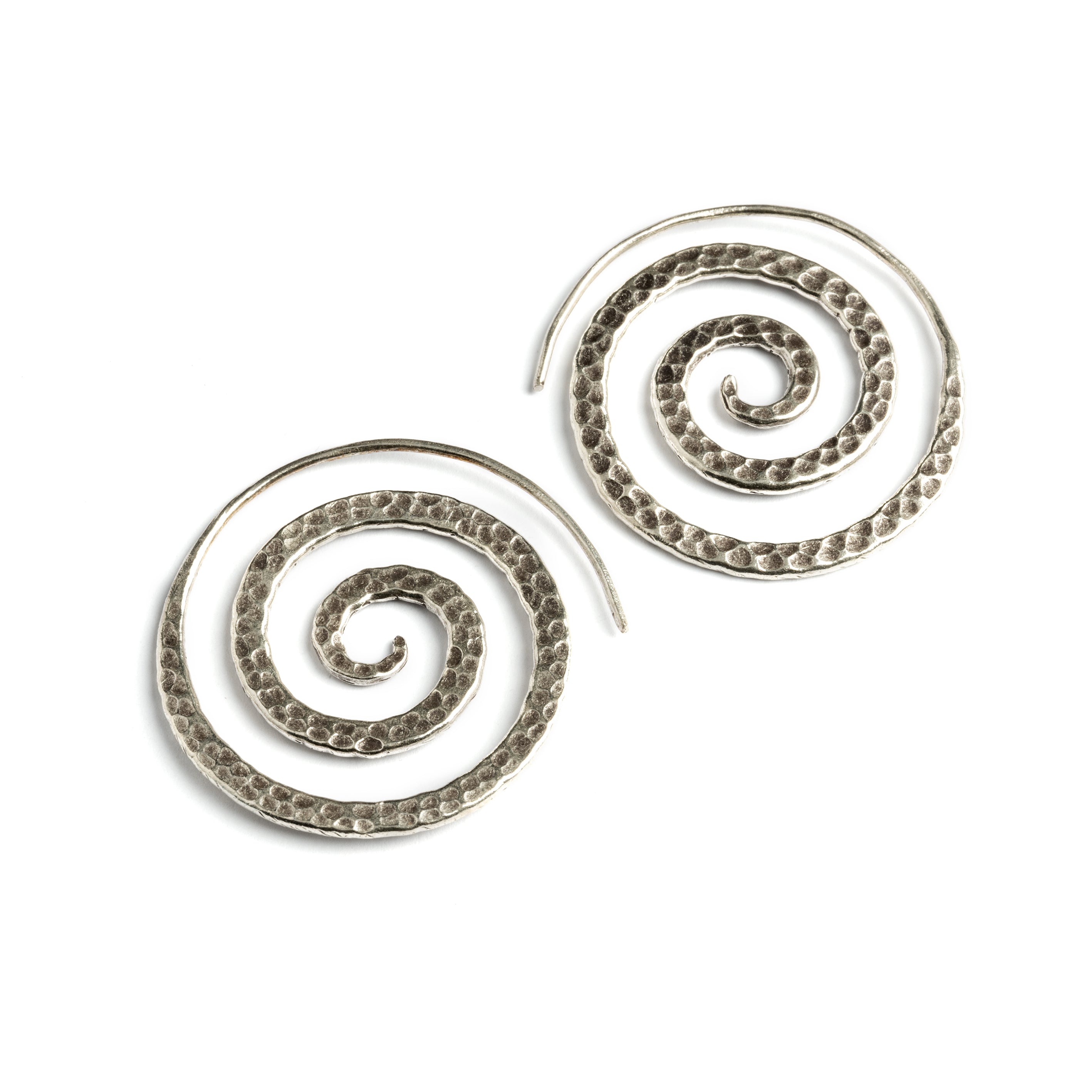 Hammered Spiral Tribal Silver Earrings frontal view