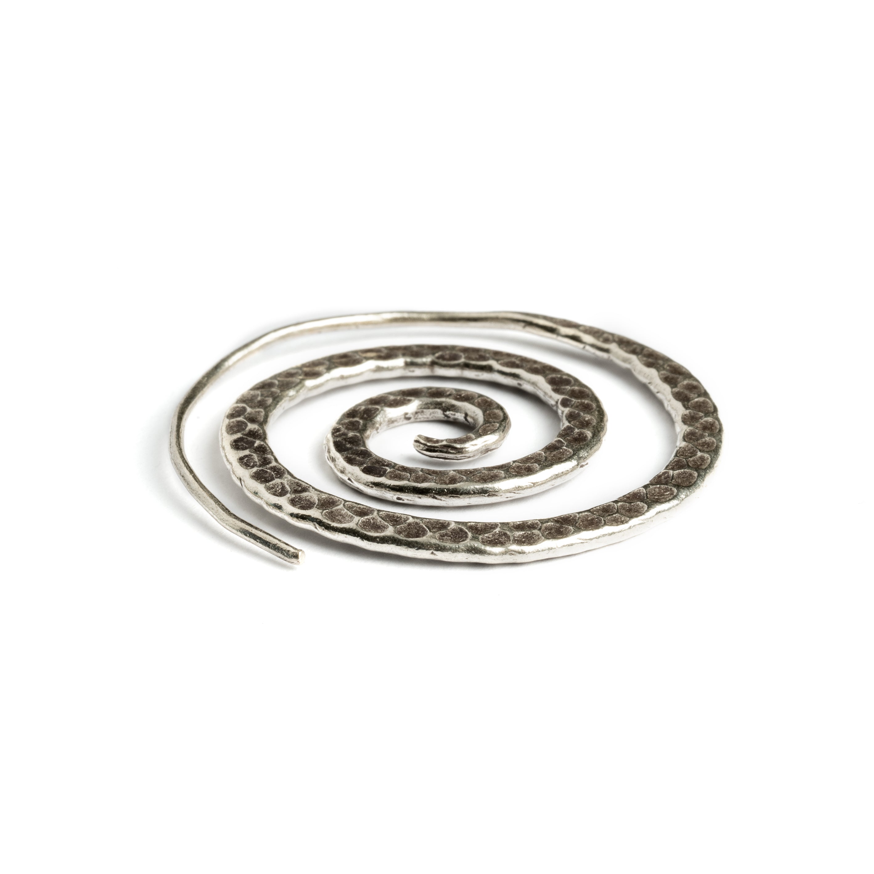 Hammered Spiral Tribal Silver Earrings side close up view