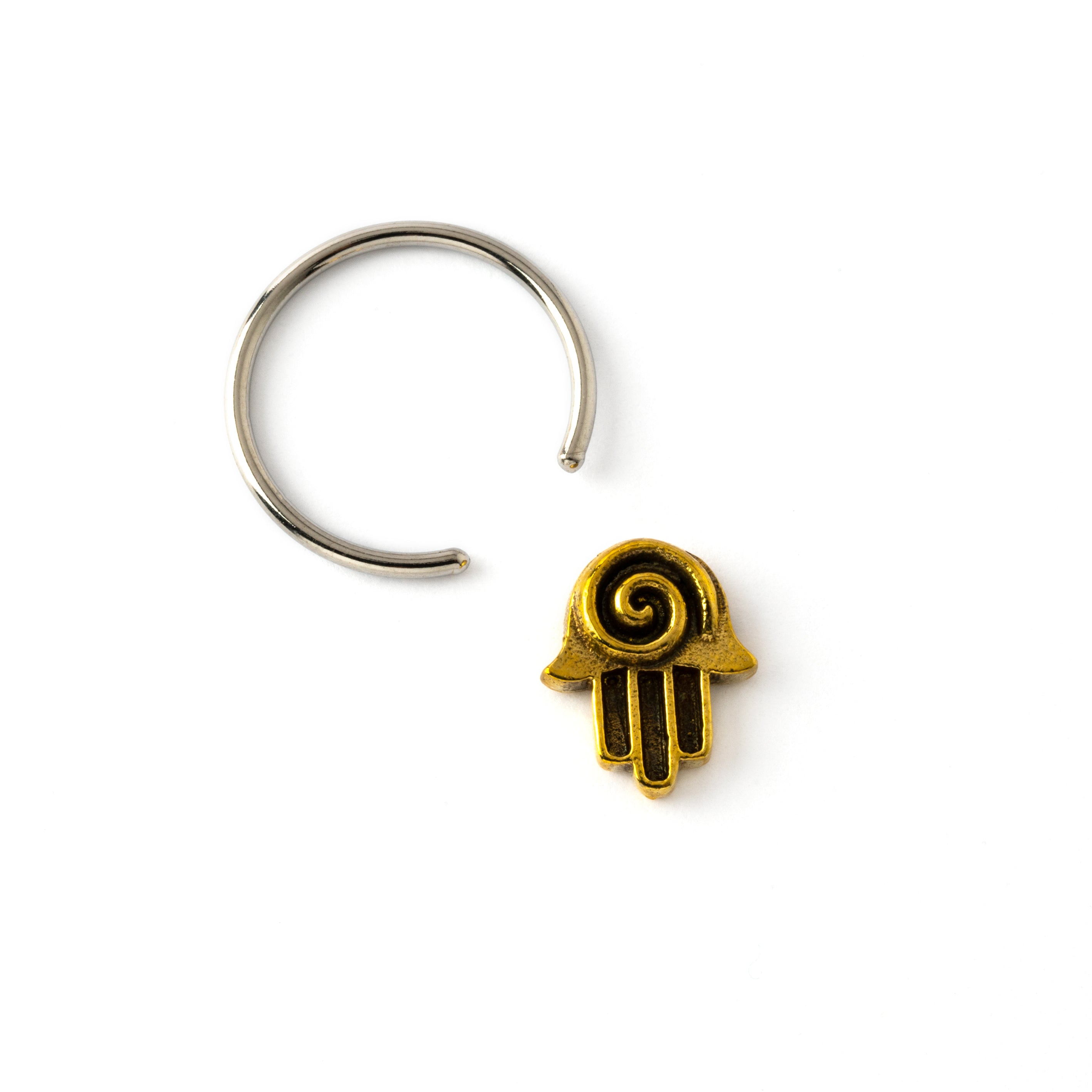 surgical steel bcr piercing with hamsa-fatima hand open mode view