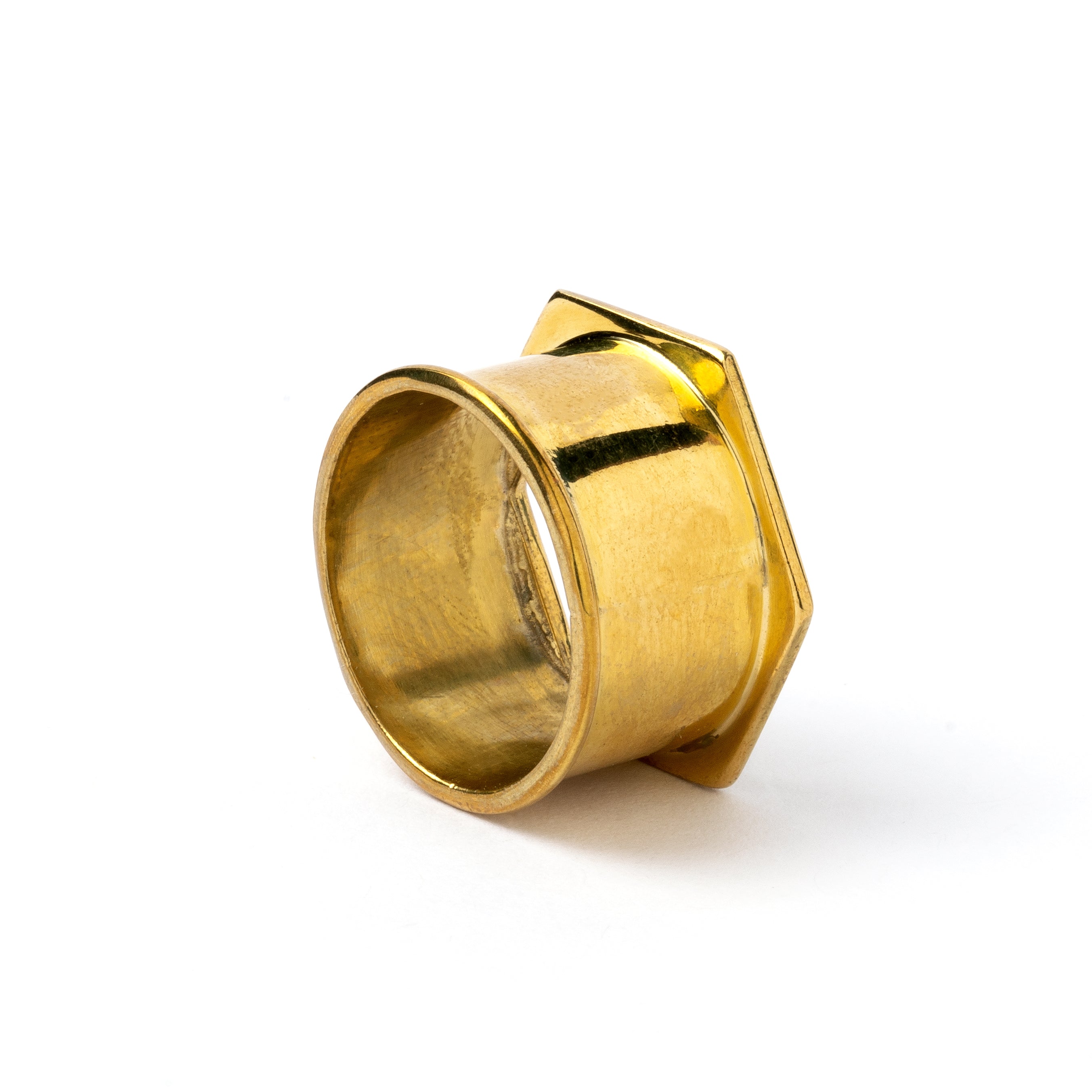 single golden brass hexagon ear tunnels back view