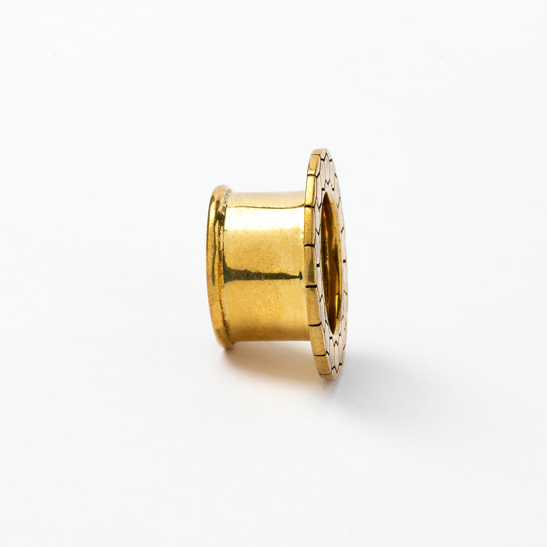 Honeycomb golden brass flesh tunnel for stretched ears side view