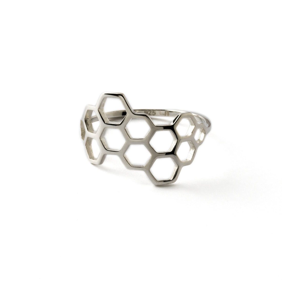 silver ring with honeycomb outlines frontal view