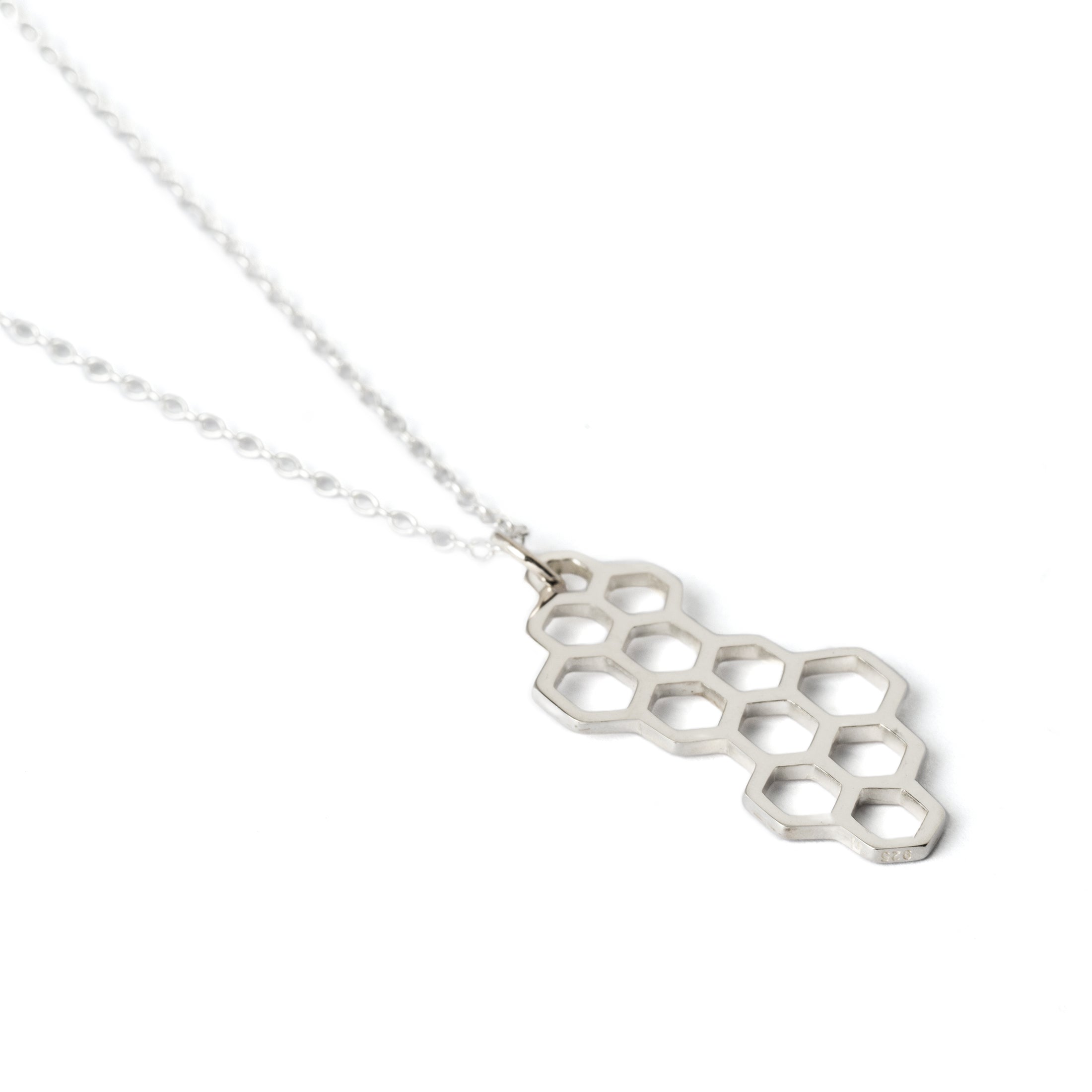 Honeycomb silver pendant necklace left side view
