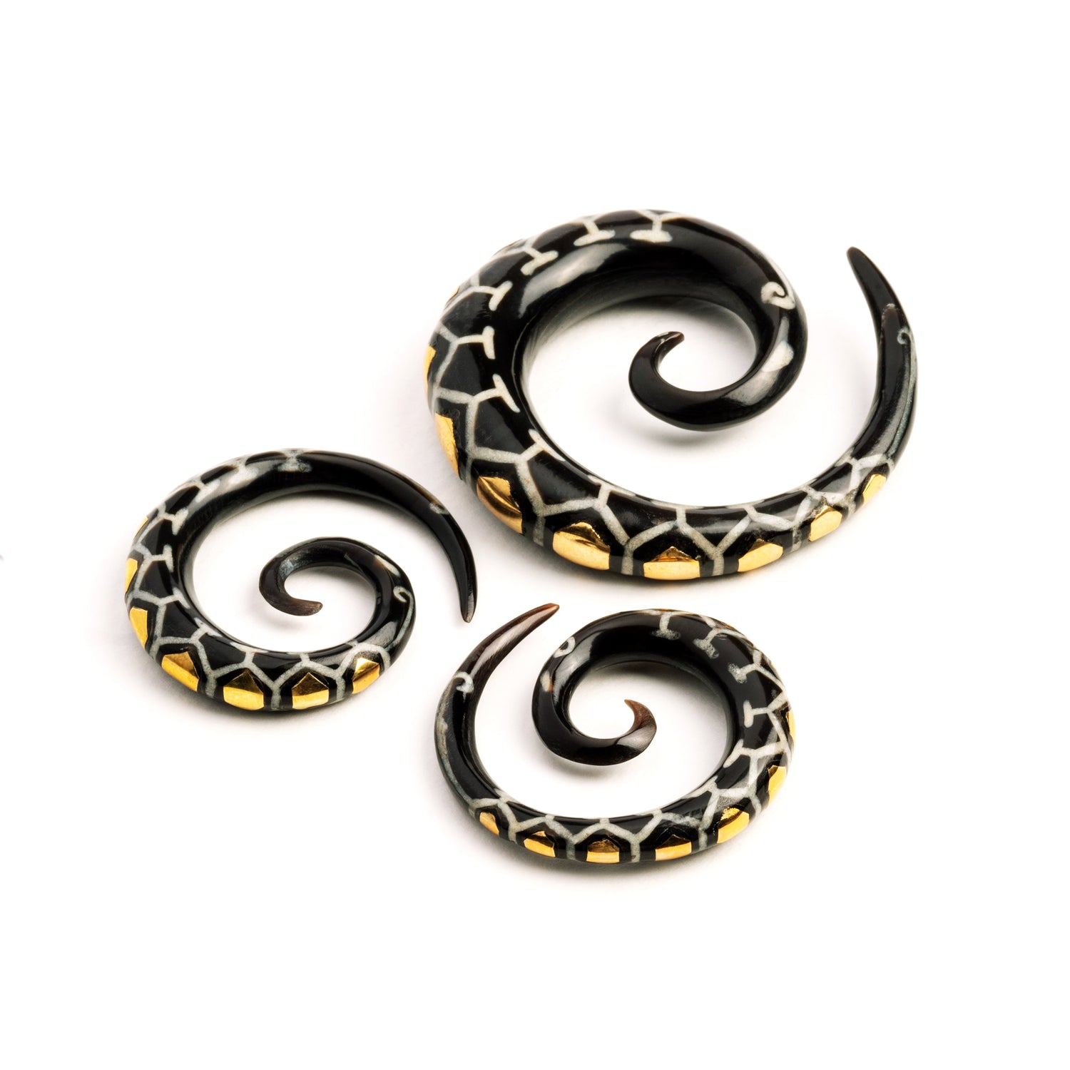 different sizes of honeycomb spiral ear gauges frontal view