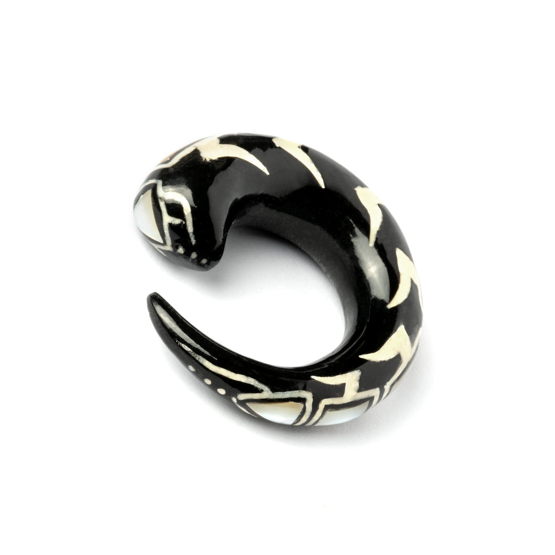 single horn ear stretcher with mother of pearl inlay, curved hook shaped frontal view