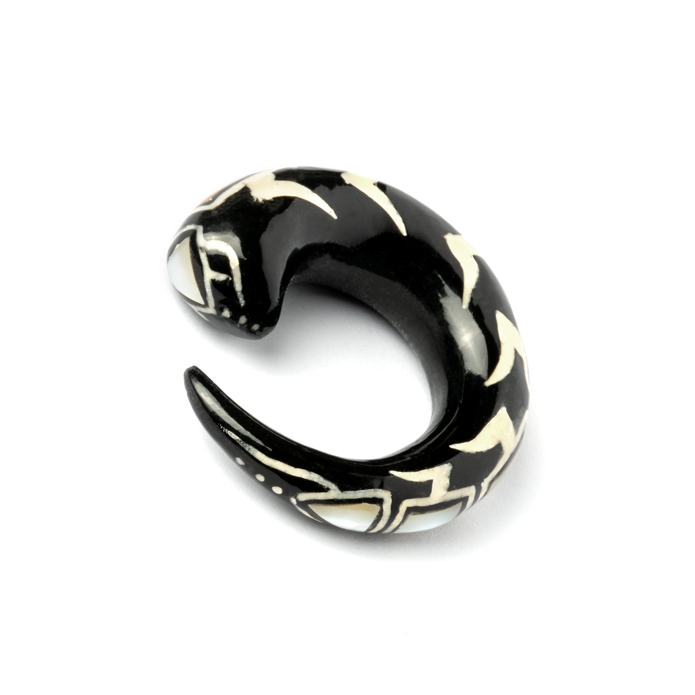 single horn ear stretcher with mother of pearl inlay, curved hook shaped frontal view