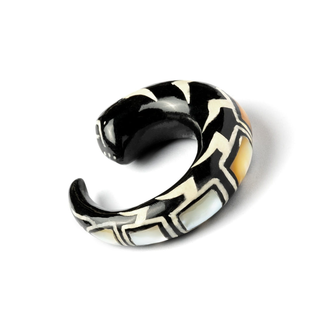 single horn ear stretcher with mother of pearl inlay, curved hook shaped right side view